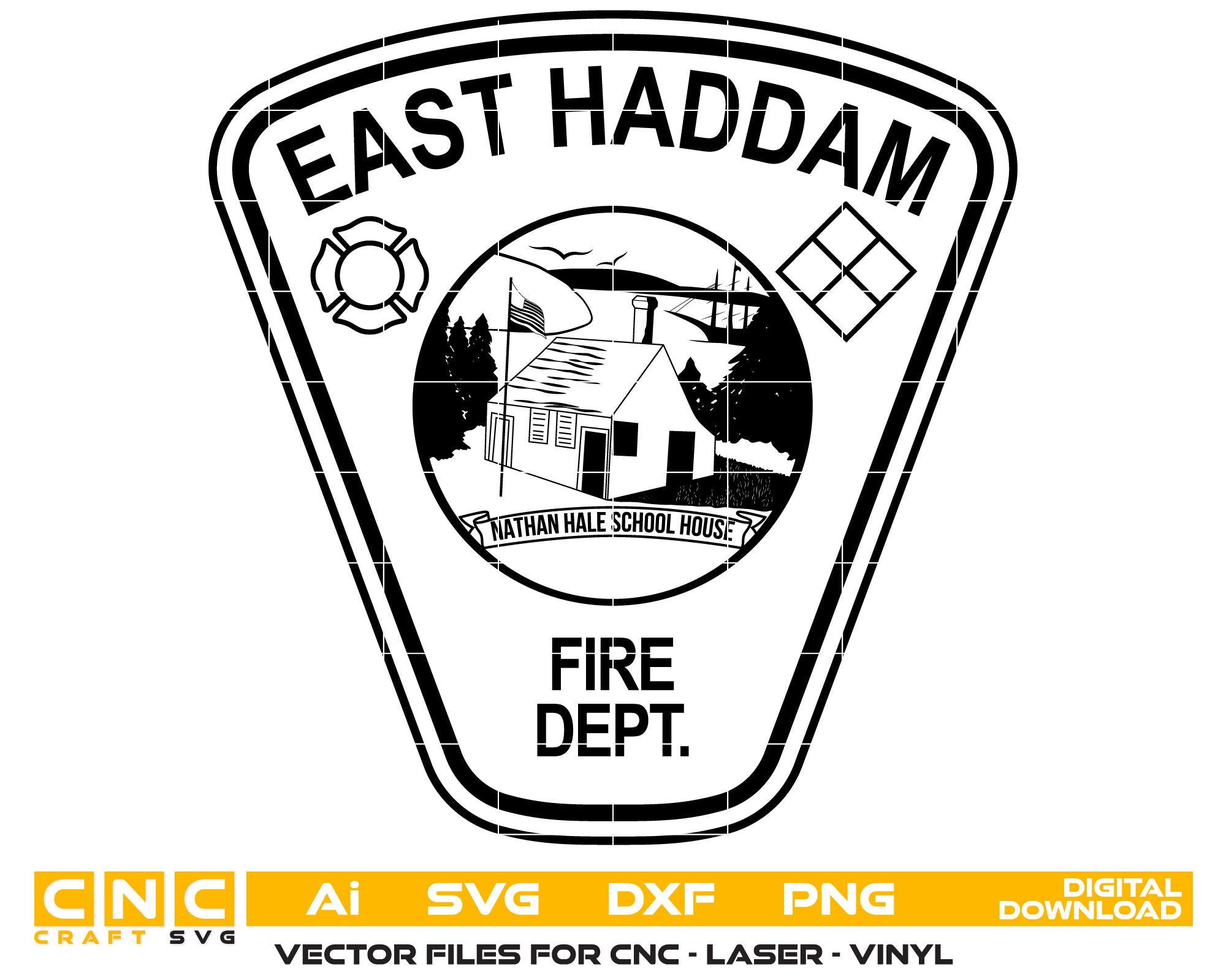 East Haddam Fire Department Badge SVG digital download, Connecticut firefighter emblem vector design for Cricut, Silhouette, CNC, engraving, and fire service crafts.