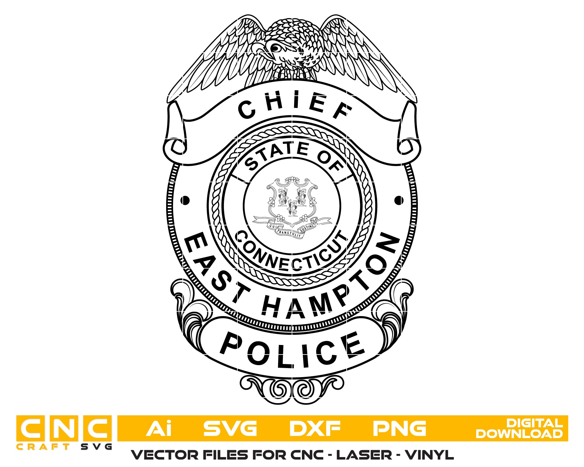 East Hampton Police Chief Badge SVG, East Hampton Connecticut Police Emblem, Connecticut Police Chief Badge Vector, East Hampton Law Enforcement Badge, Police Chief Badge CT