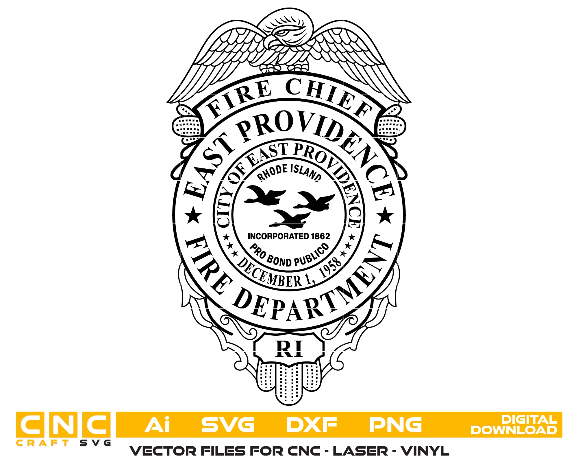 East Providence Fire Department Chief Badge SVG, Rhode Island Fire Chief Emblem, East Providence FD Badge Vector, Fire Department Chief Shield SVG, Firefighter Leadership Badge
