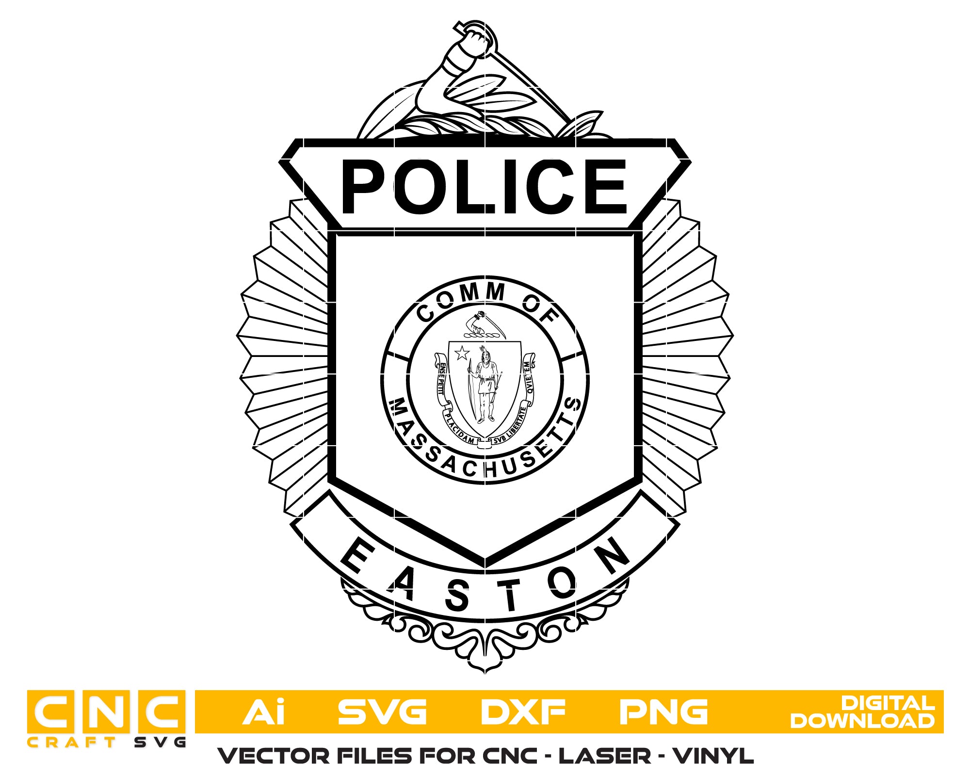 Easton Massachusetts Police Department Badge SVG digital download, MA police emblem vector design for Cricut, Silhouette, CNC, engraving, and law enforcement crafts.