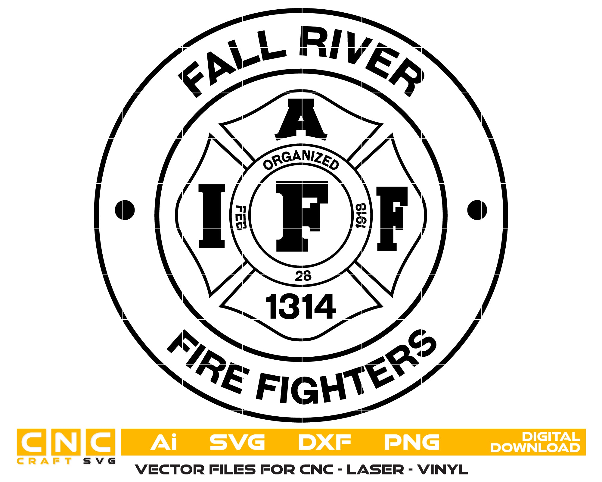Fall River Firefighters Logo SVG digital download, Massachusetts fire department emblem vector design for Cricut, Silhouette, CNC, engraving, and firefighter crafts.