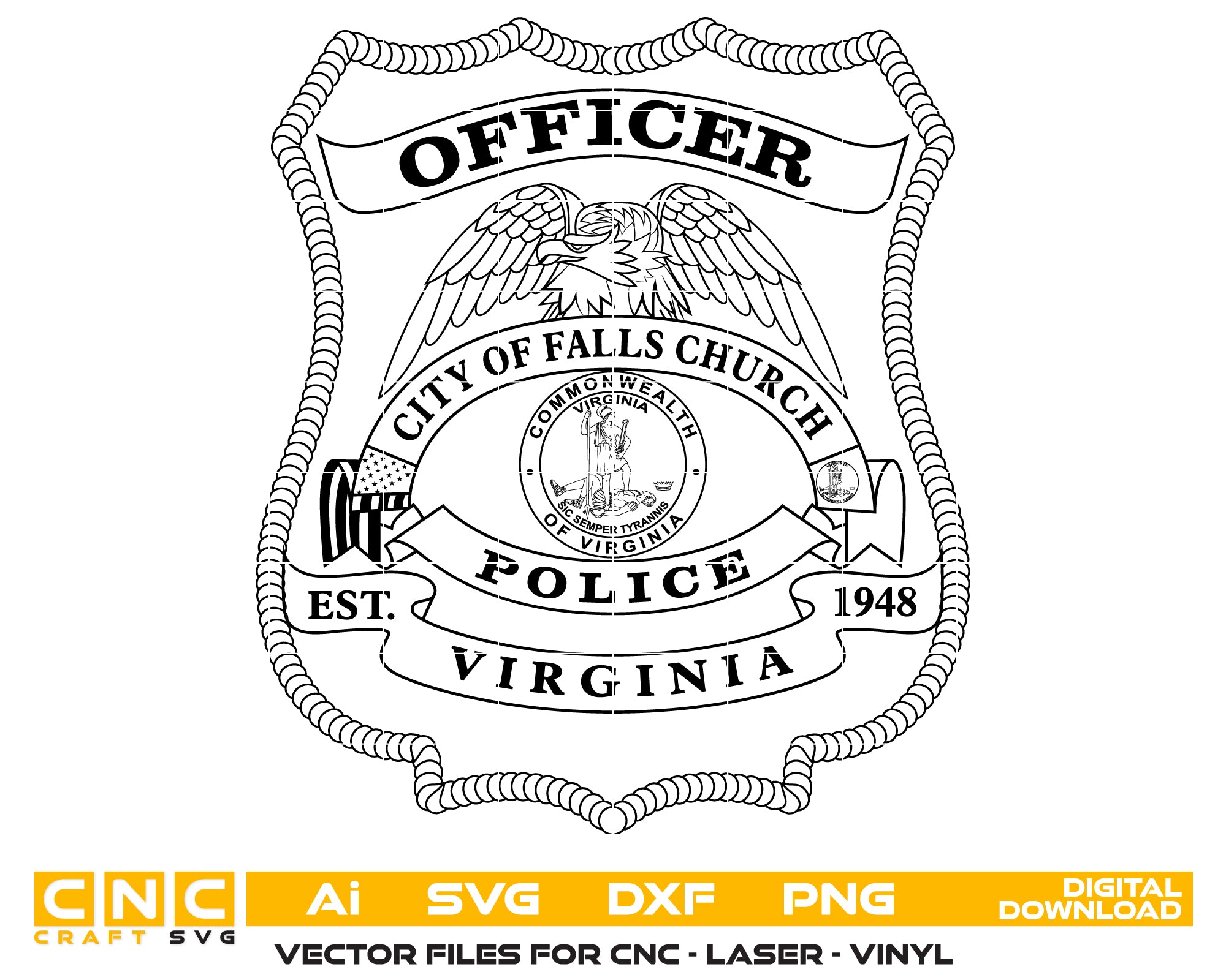 Falls Church Virginia Police Badge SVG, Virginia Police Emblem Vector, Falls Church Law Enforcement Badge, Police Officer Badge SVG, Police Department Emblem