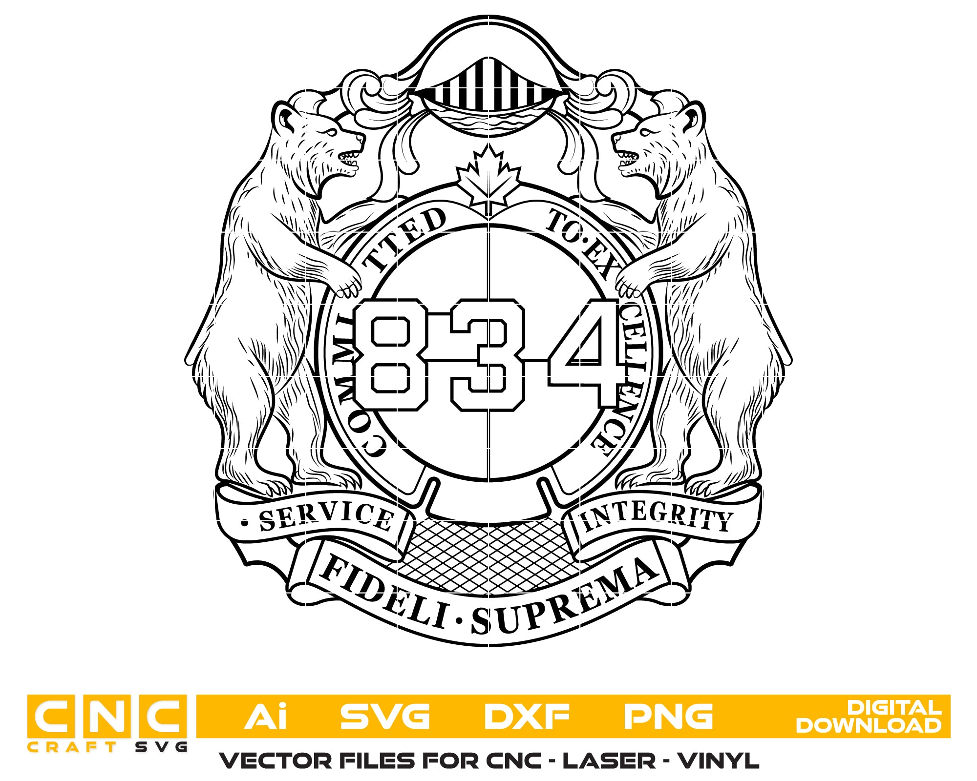 Fideli Suprema Bear Crest Badge SVG
Canadian Inspired Emblem Vector Design
Heraldic Bear Supporter Engraving File
Custom Number 834 Sign CNC File
Service Integrity Badge Vector for Laser Cutting