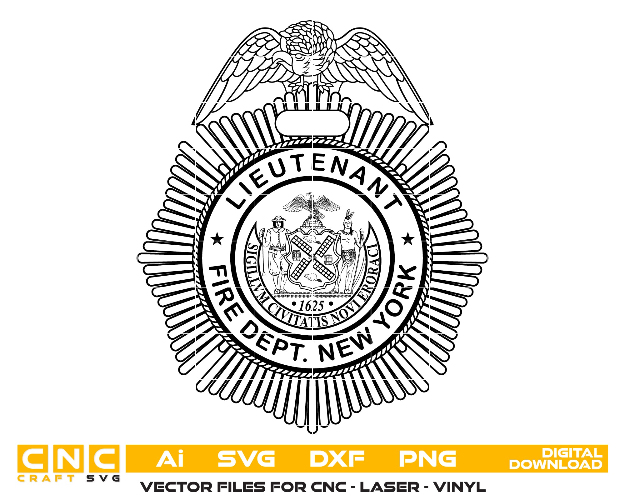Fire Department Lieutenant Badge SVG digital download, New York firefighter rank emblem vector design for Cricut, Silhouette, CNC, engraving, and fire department crafts.