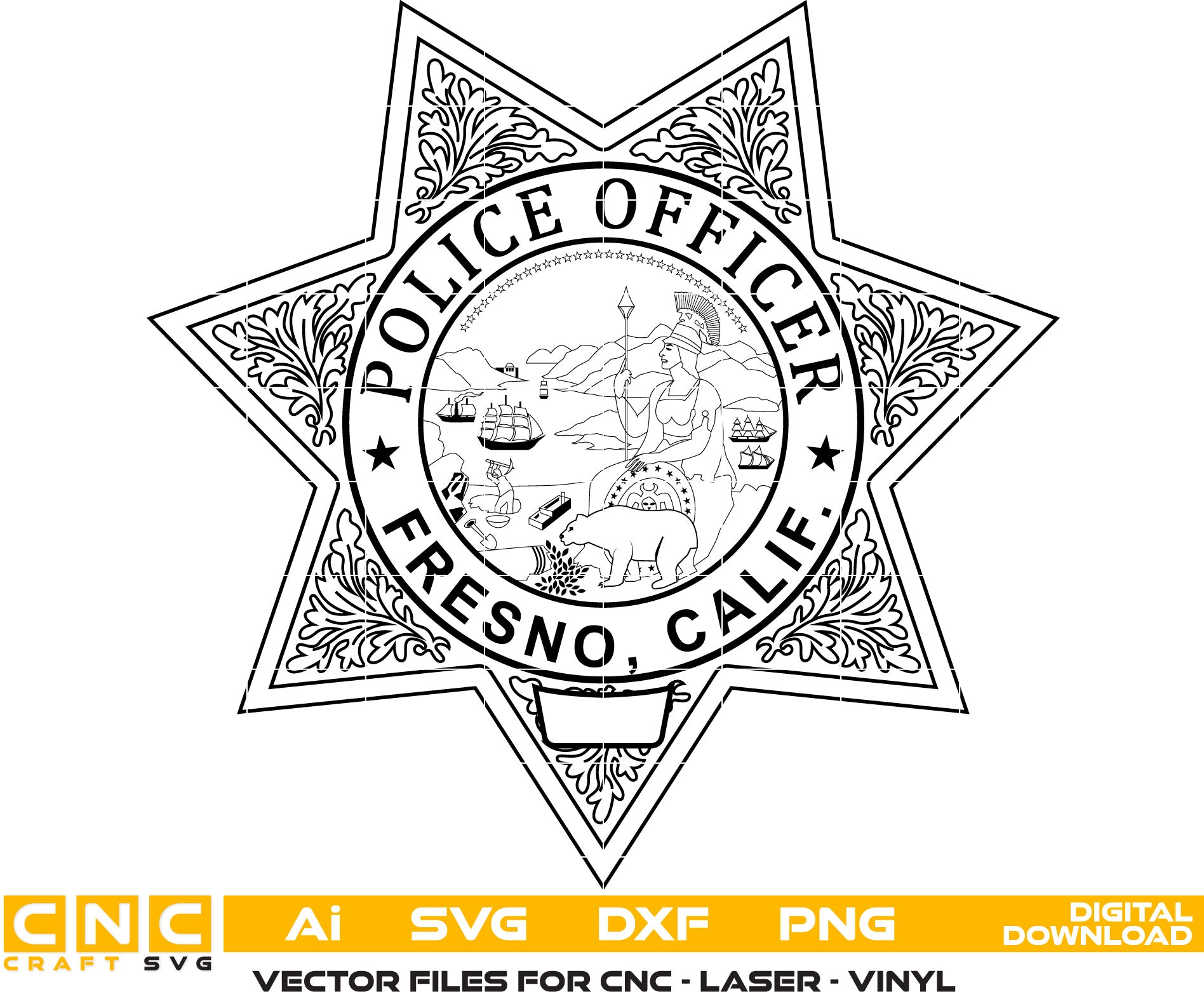 Fresno Police Badge, California Police Officer Badge, Fresno Police vector art Sheriff Badge