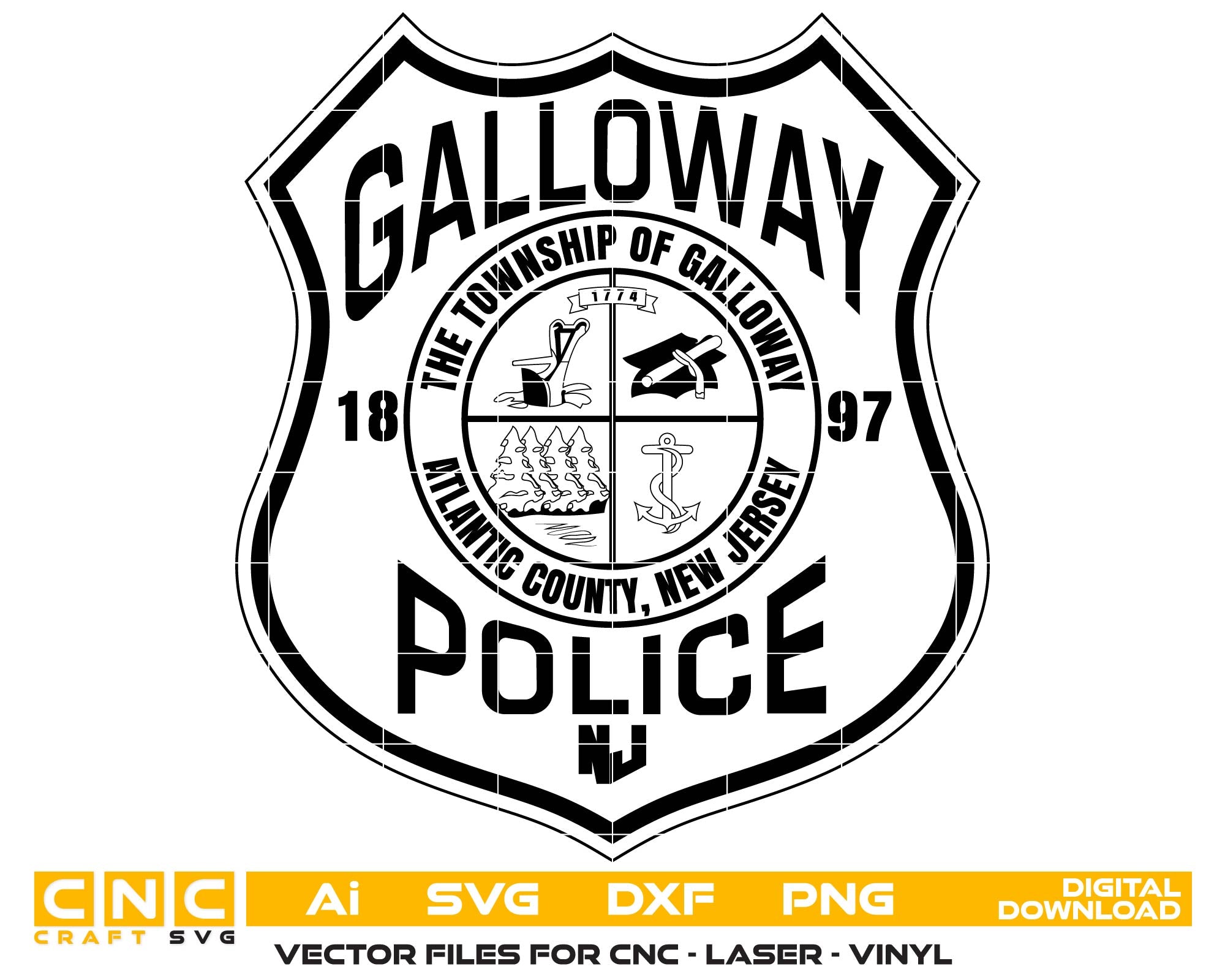 Galloway Township Police Department Badge SVG, Galloway NJ Police Badge Vector, New Jersey Police Emblem SVG, Galloway Township Law Enforcement Badge, NJ Police Badge Vector