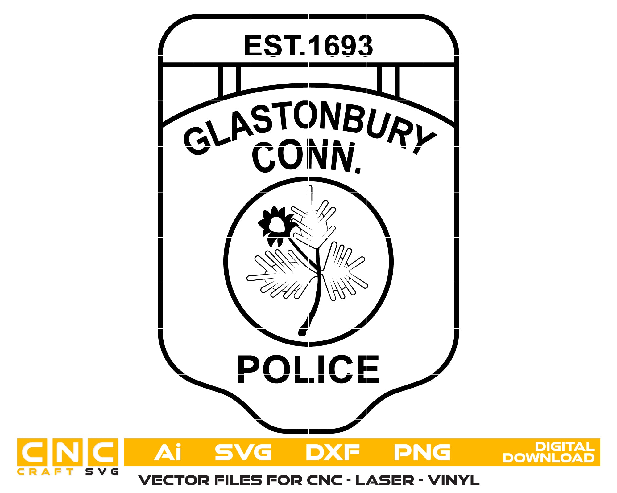 Glastonbury Police Patch SVG digital download, Connecticut police emblem vector design for Cricut, Silhouette, CNC, engraving, and law enforcement crafts.