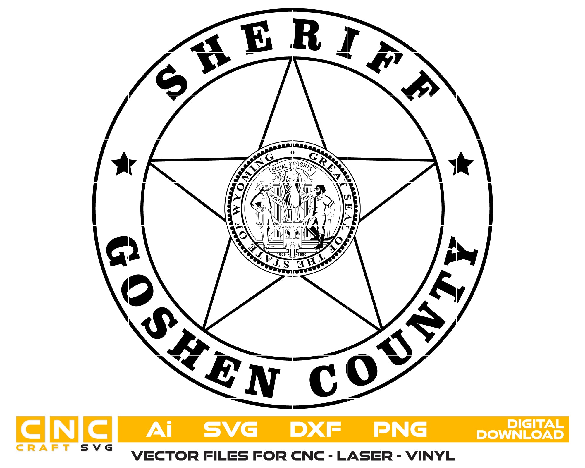 Goshen County Sheriff Badge SVG digital download, Wyoming sheriff emblem vector design for Cricut, Silhouette, CNC, engraving, and law enforcement crafts.