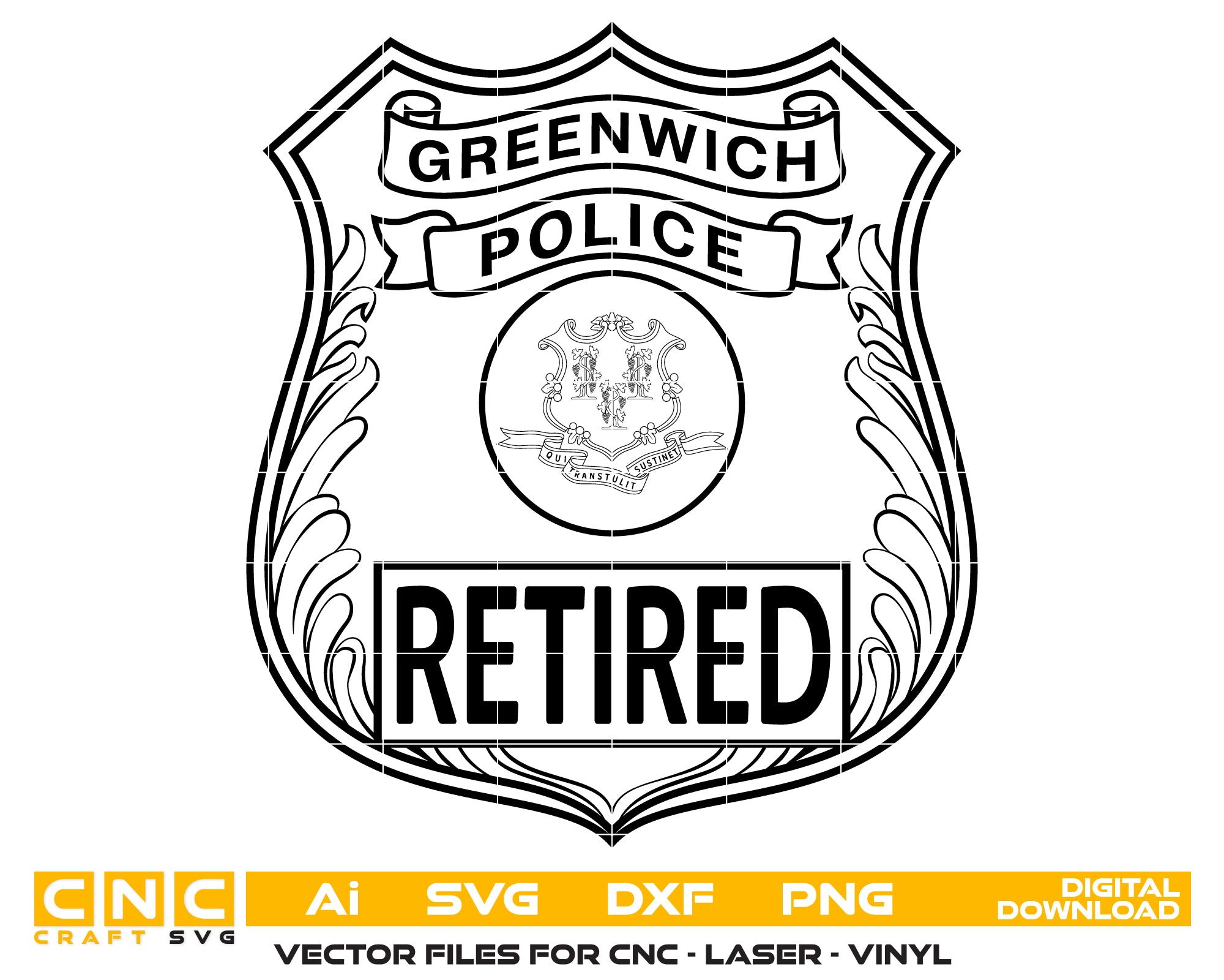 Greenwich Retired Police Badge SVG digital download, Connecticut retired police emblem vector design for Cricut, Silhouette, CNC, engraving, and law enforcement crafts.