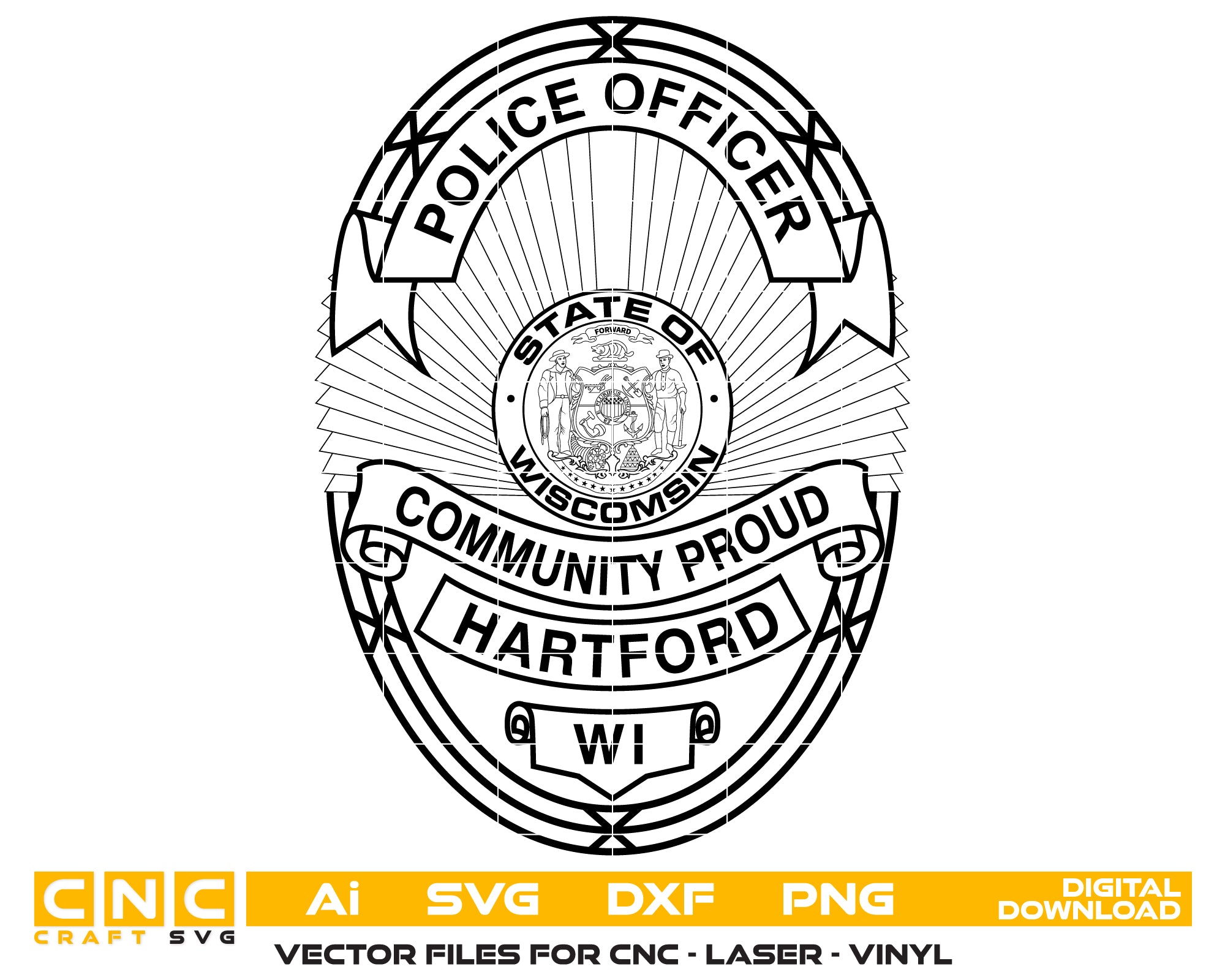 Hartford Community Proud Police Officer Badge Wisconsin SVG, Hartford WI Police Emblem Vector, Hartford Police Officer Badge SVG, Wisconsin Police Badge Vector, Hartford PD Badge Logo