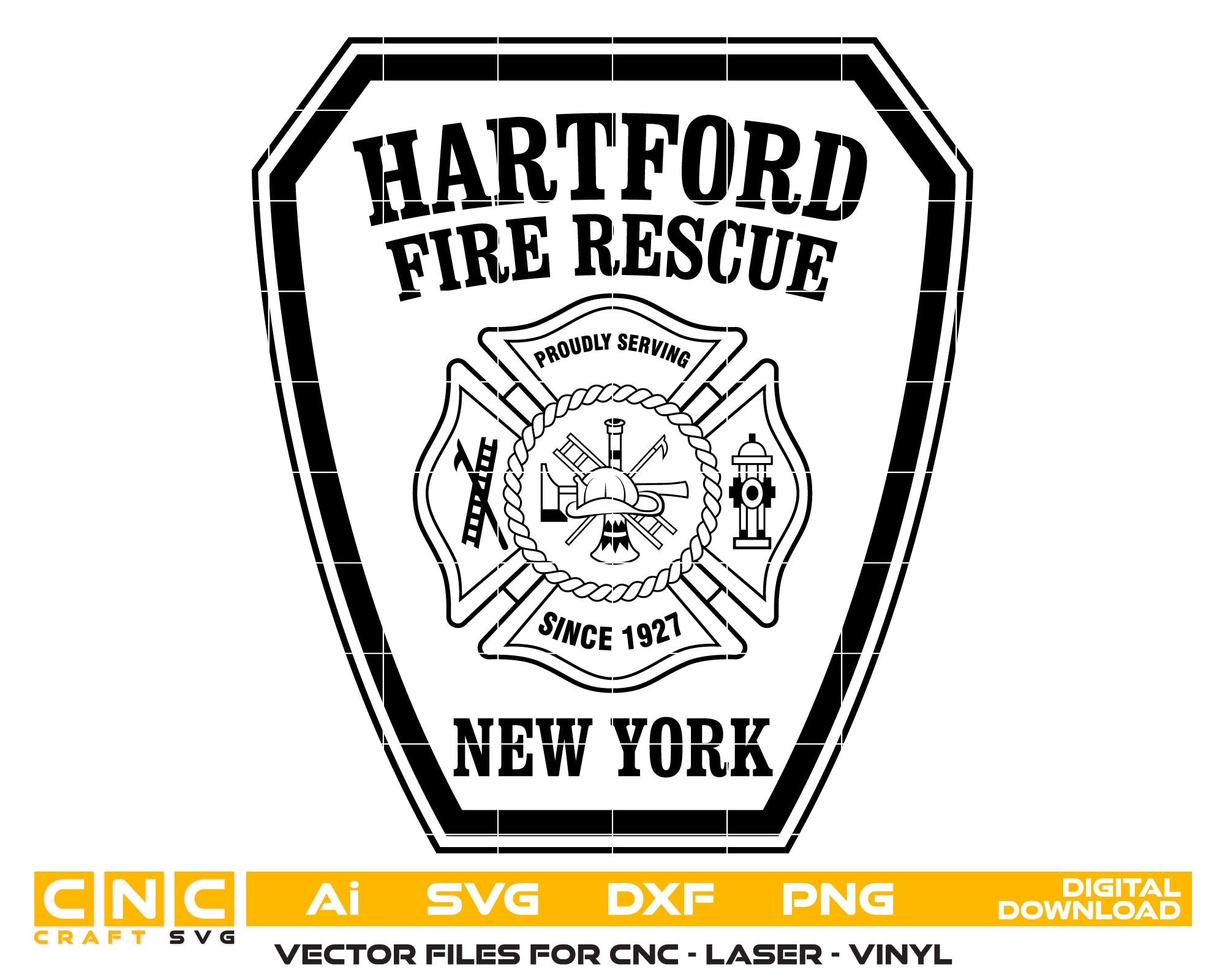 Hartford Fire Rescue Patch SVG digital download, New York fire department emblem vector design for Cricut, Silhouette, CNC, engraving, and firefighter crafts.