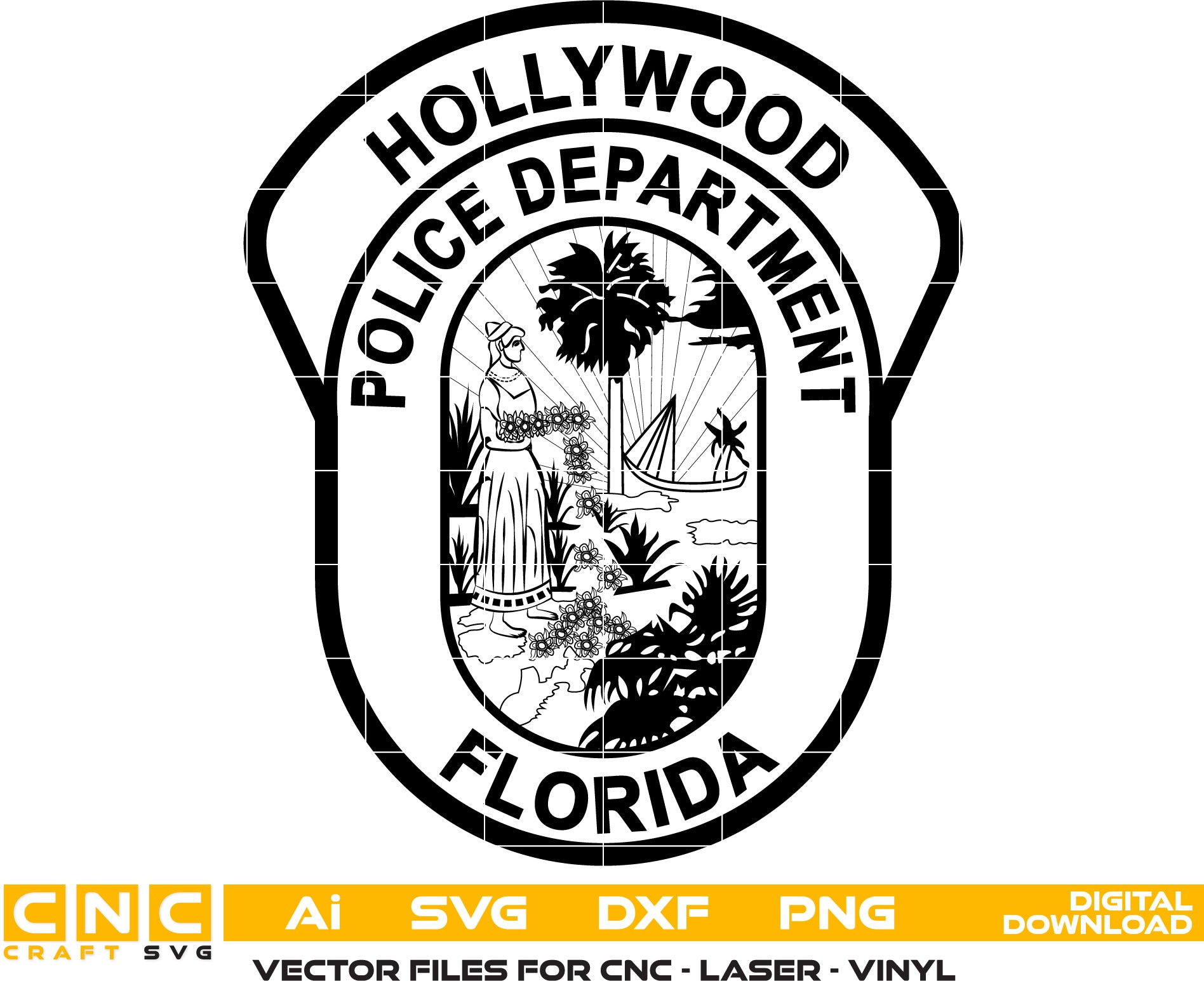 Hollywood Florida Police Badge Vector Art, Ai,SVG, DXF, PNG, Digital Files for Laser Engraving, Woodworking & Printing