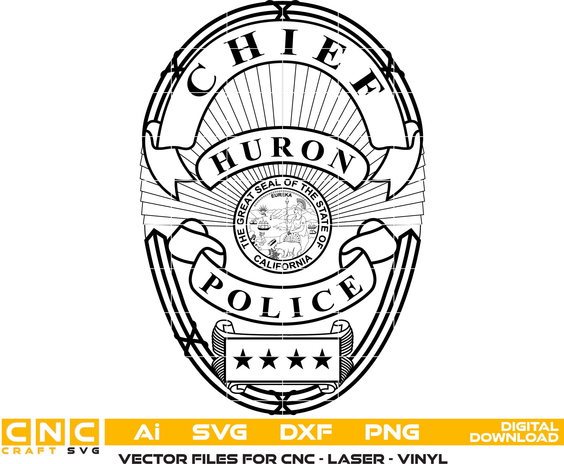 Huron Police Chief, California Police Badge Vector art Svg, Dxf, Jpg, Png, and Ai files For laser engraving, woodworking, acrylic painting, and all printing machines.