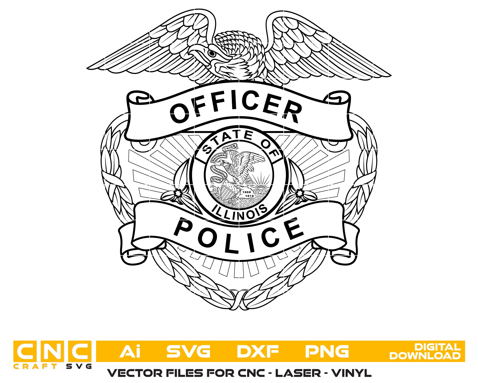 Illinois Police Officer Badge SVG vector design featuring detailed law enforcement emblem for CNC, laser engraving, and digital artwork.
