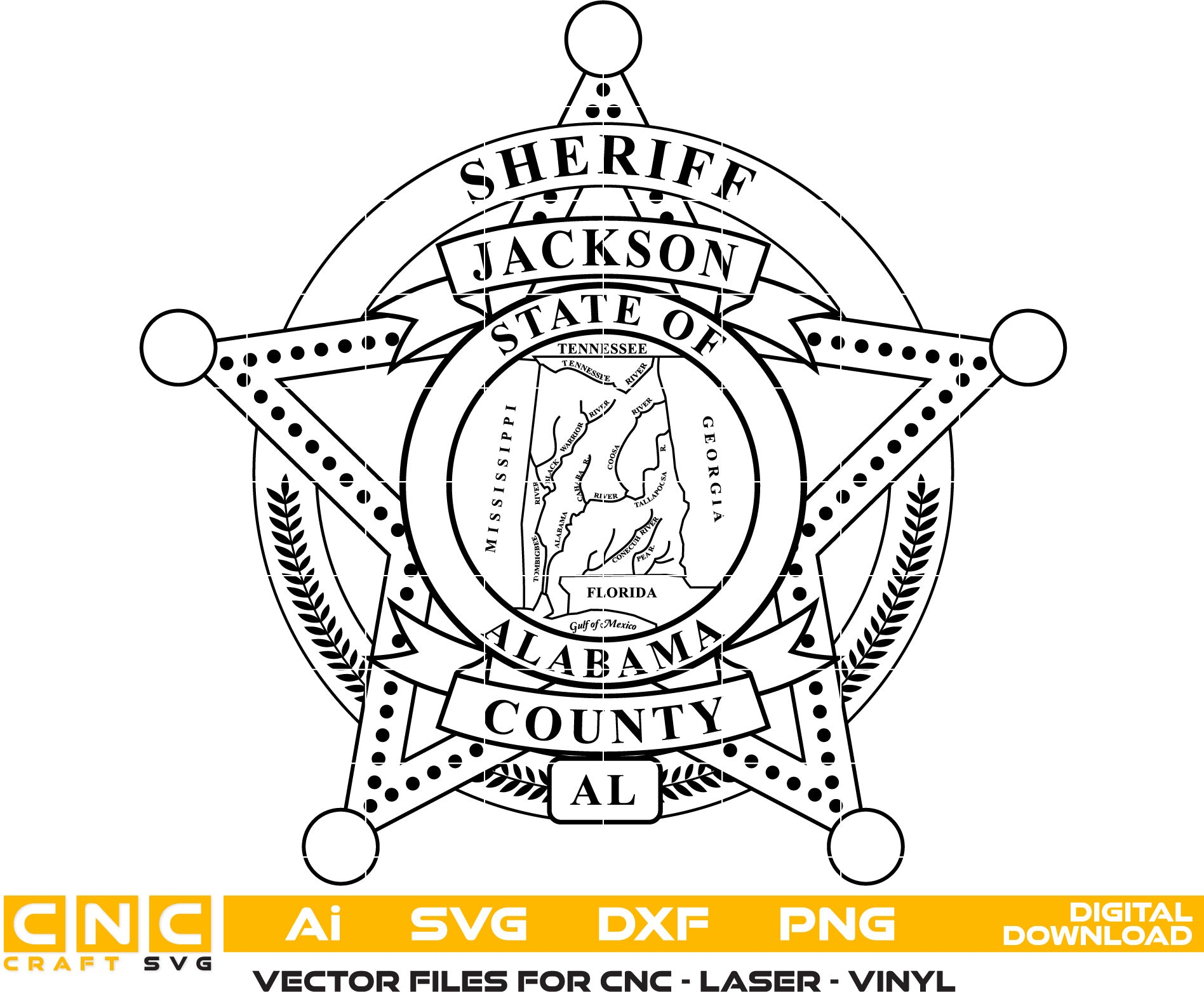 Jackson County Sheriff, Alabama Sheriff Badge Vector art Svg, Dxf, Jpg, Png, image size:1896x1563