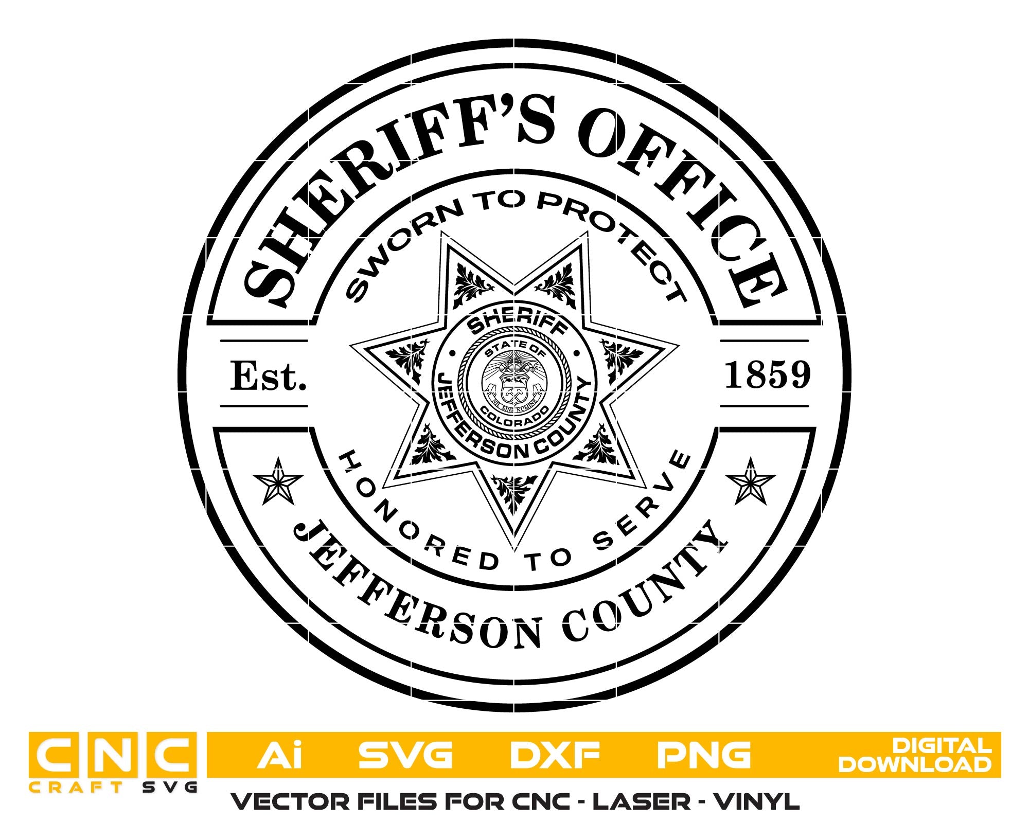 Sheriff's Office logo with star design and text on a white background
sheriff badge vector design
line art design
sheriffs office badge
jefferson county sheriff badge
