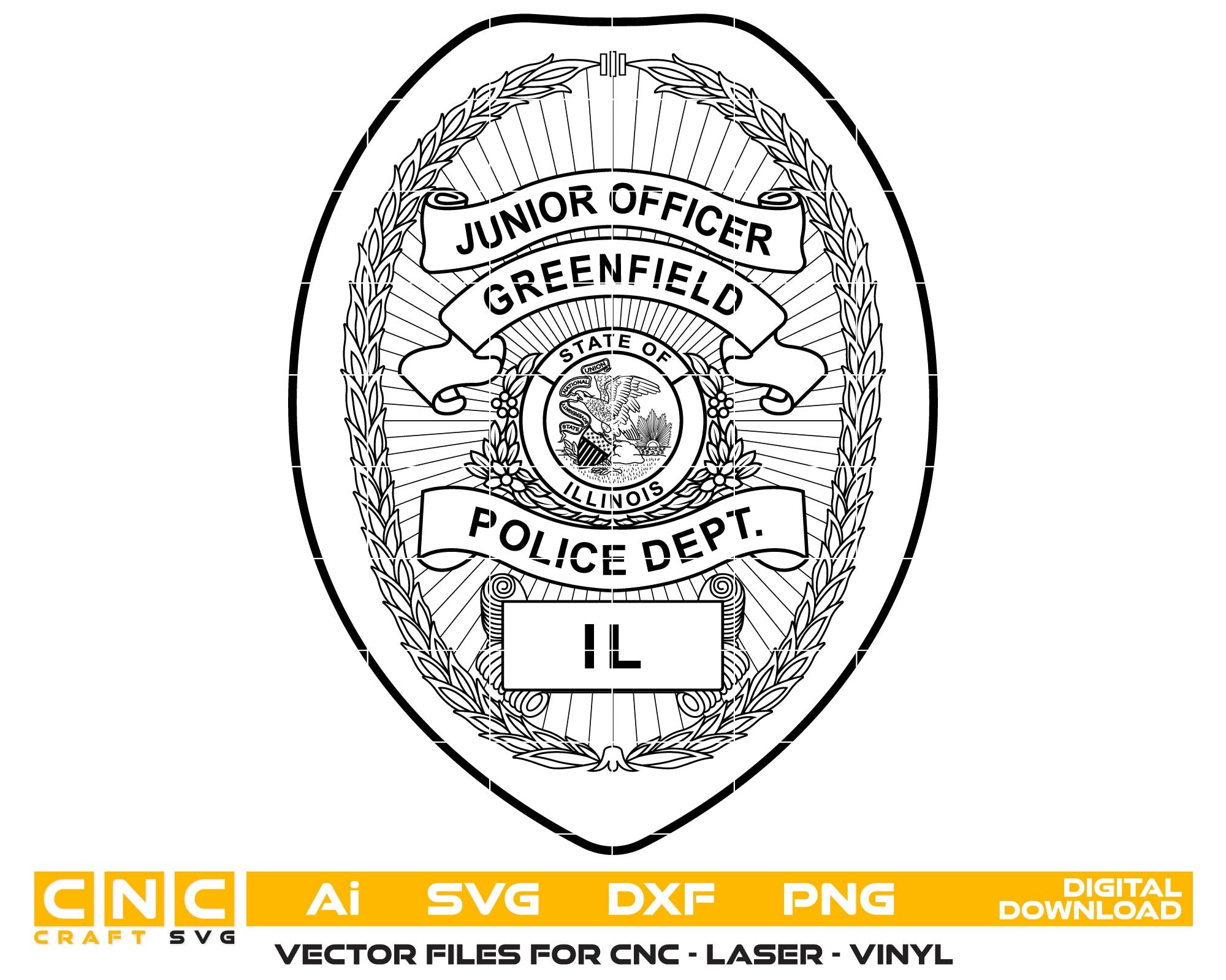 Black and white police department badge design with text 'Junior Officer Greenfield State of Illinois Police Dept IL' on a white background.
Junior Officer Greenfield State of Illinois Police Dept badge vector art.
illinois police badge
