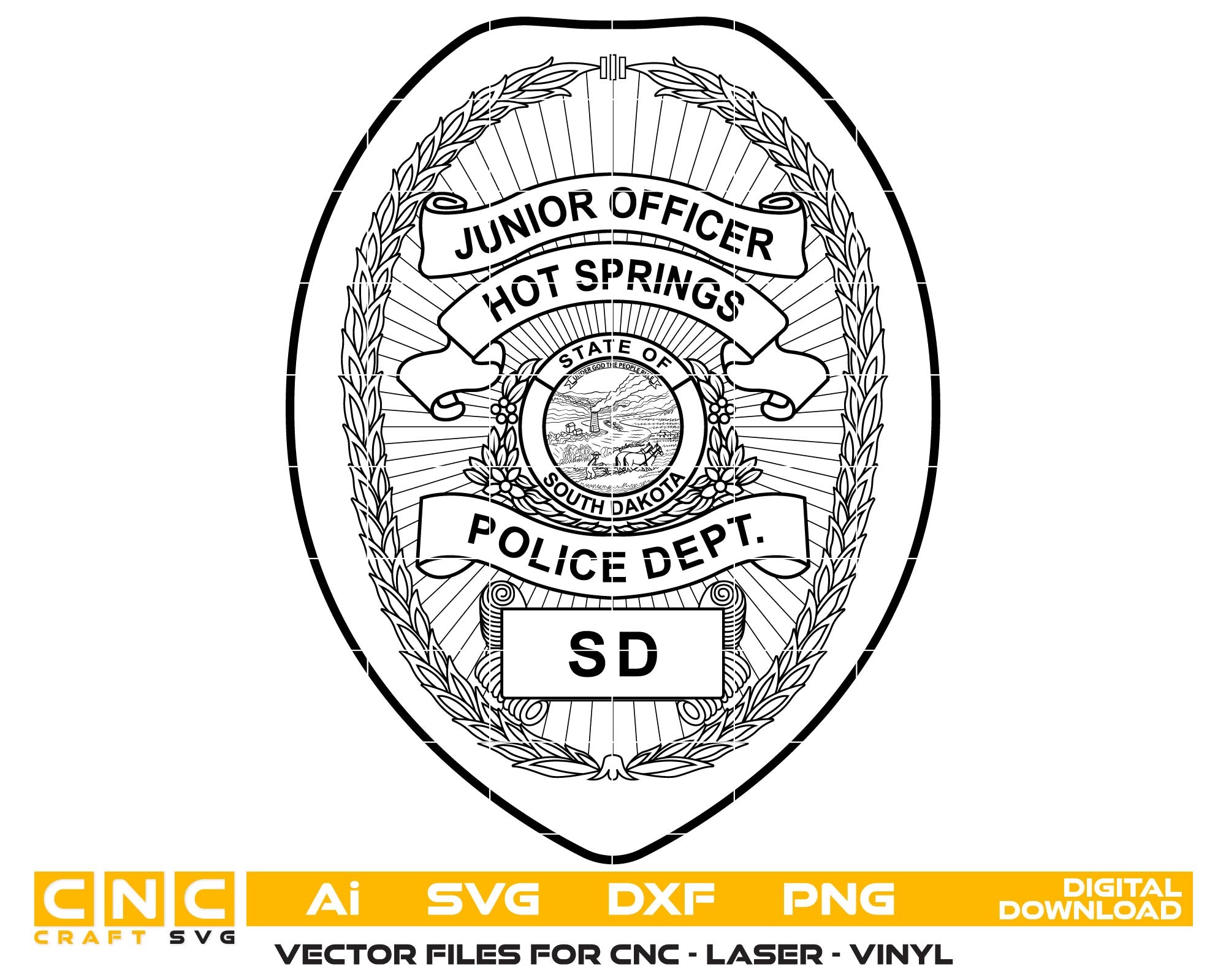 Black and white police badge design with text 'Junior Officer Hot Springs State of South Dakota Police Dept. SD' on a white background.
Black and white police badge design with text 'Junior Officer Hot Springs State of South Dakota Police Dept. badge
South Dakota police badge
South Dakota police badge vector art