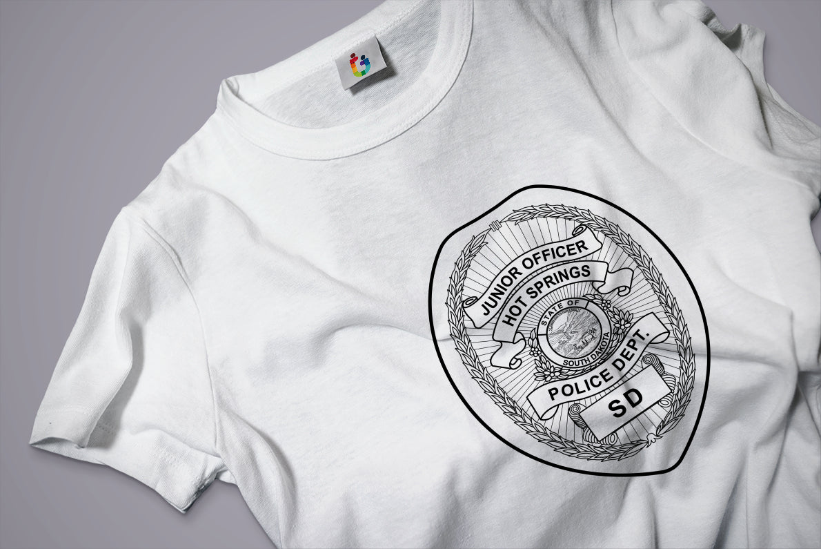 White t-shirt with a black and white logo on a gray background
White t-shirt with a black and white police badge Logo
White t-shirt with a black and white logo svg