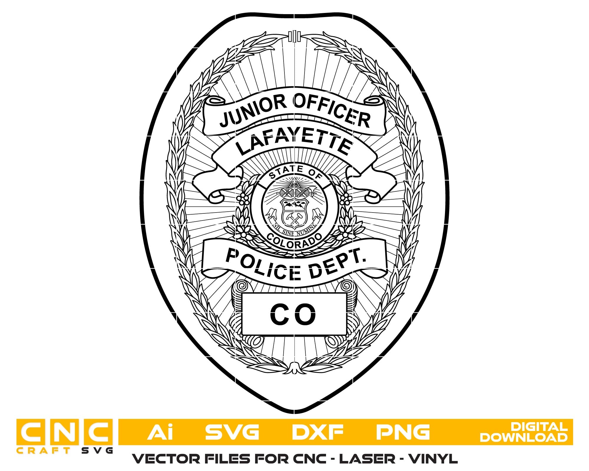 Black and white police badge design with 'Junior Officer Lafayette Police Dept CO' text on a white background.
Black and white police badge design with 'Junior Officer Lafayette Police Dept badge CO
Black and white police badge design.
 'Junior Officer Lafayette Police Dept CO vector art