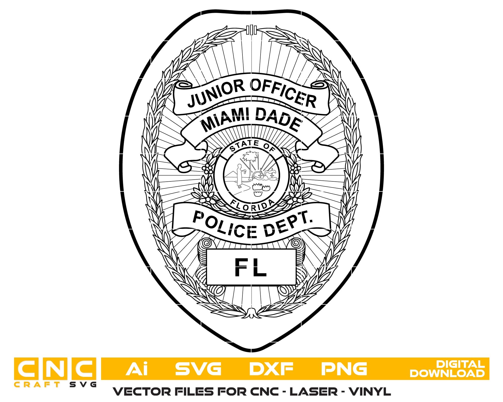 Black and white police badge design with text for Miami Dade Police Dept. on a white background.
Black and white police badge design with text for Miami Dade Police Dept. florida.
Black and white police badge design  Miami Dade , Florida.