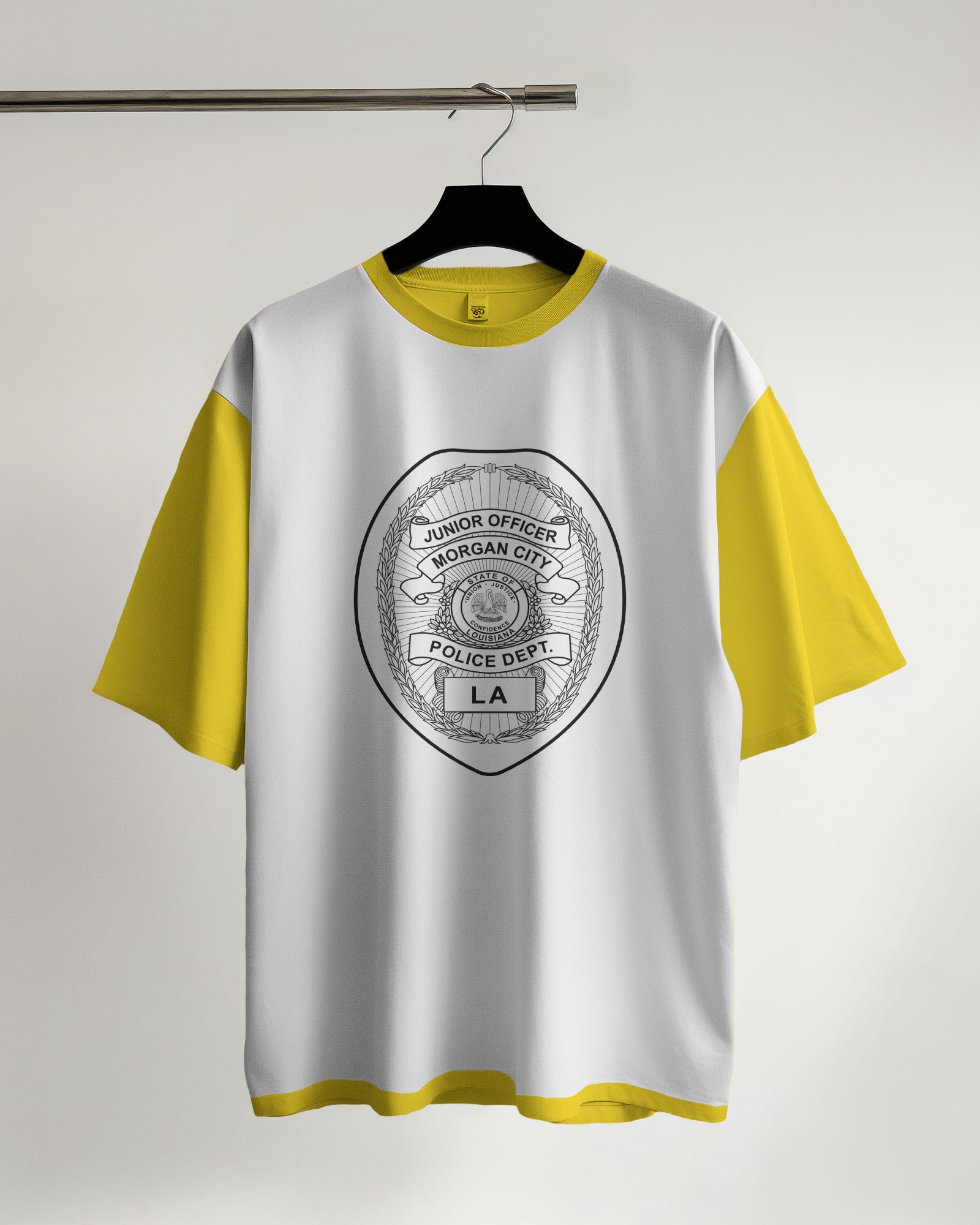 White t-shirt with yellow sleeves featuring a police department logo on a white background.
 t-shirt with yellow sleeves featuring a police department logo