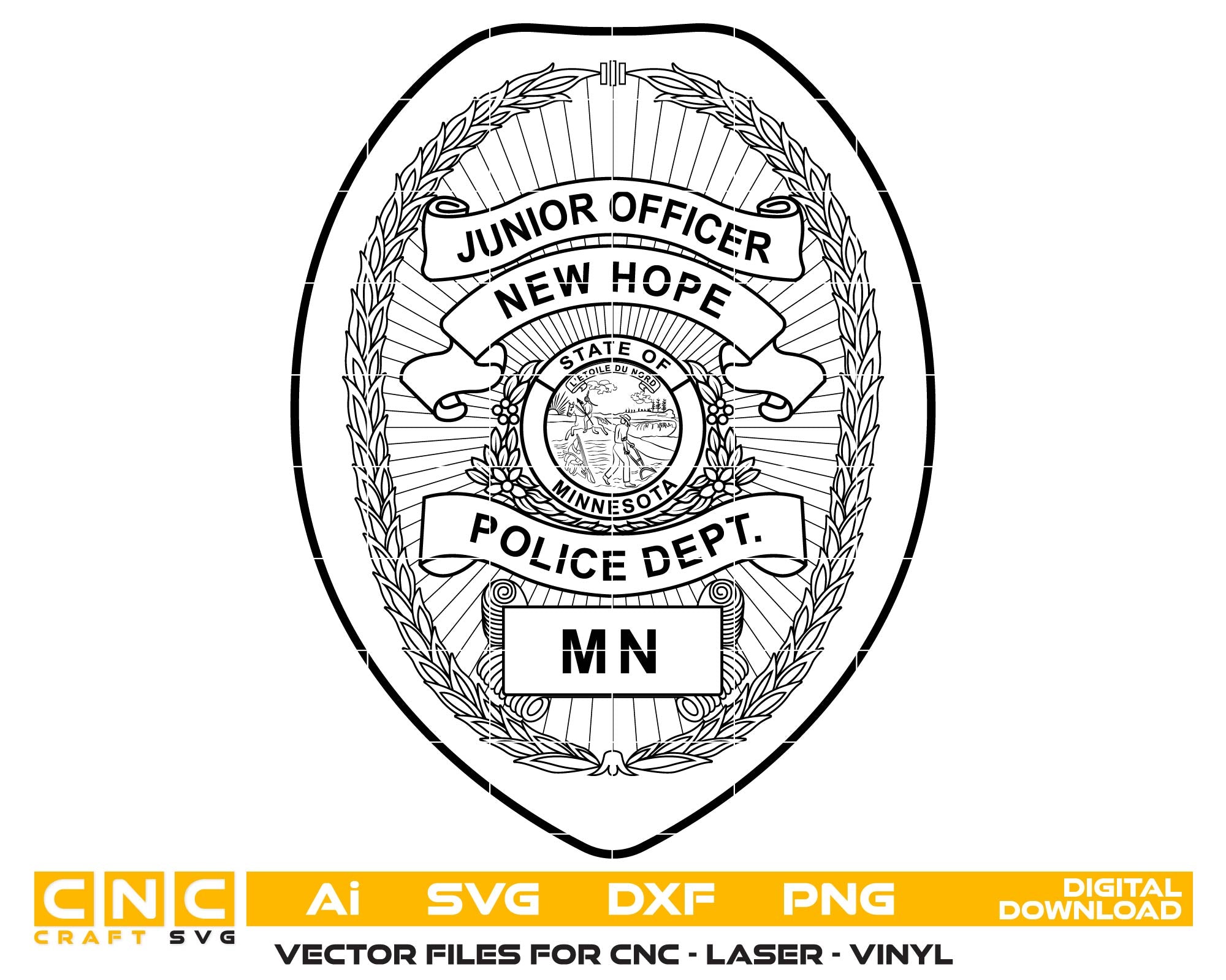 Junior Police Officer Badge New Hope, Minnesota
Junior Police Officer Badge vector art.
Minnesota police badge vector line art.