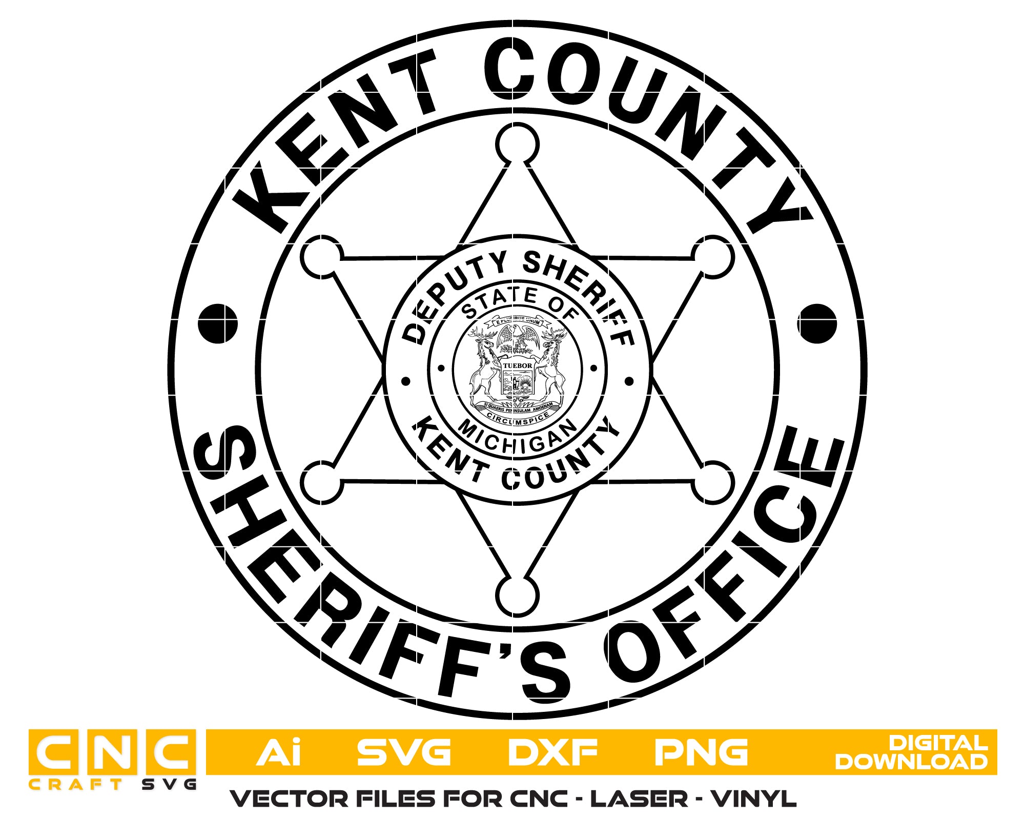 Kent County Sheriff’s Office Badge SVG digital download, Michigan sheriff emblem vector design for Cricut, Silhouette, CNC, engraving, and law enforcement crafts.