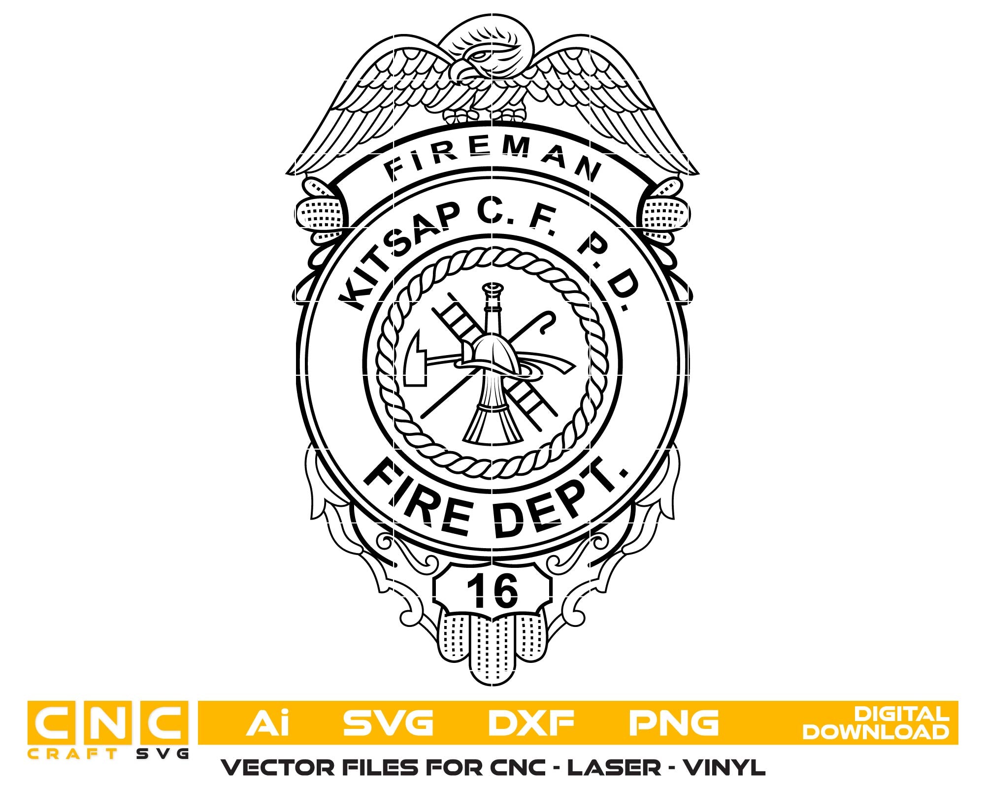 Black and white logo of Kitsap C.F.P.D. Fire Dept. with digital download text at the bottom.
Black and white logo of Kitsap C.F.P.D.
 Kitsap C.F.P.D. Fire Dept. badge
fire dept badge line art
