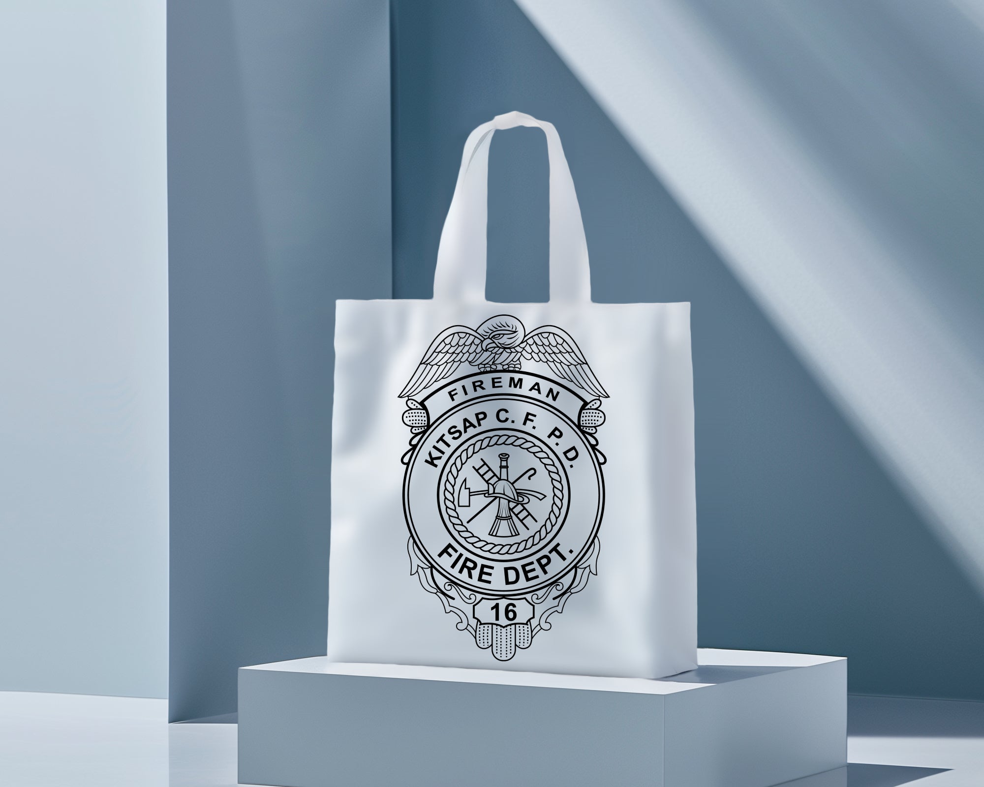 White tote bag with a fire department logo on a light blue background
bag printing mockup
fire badge mockup