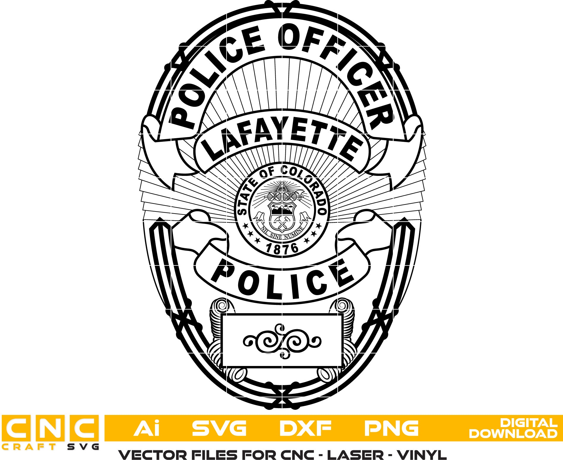 Lafayette Police Officer, Colorado Police Officer Badge Vector art Svg, Dxf, Jpg, Png, and Ai files For laser engraving, woodworking, acrylic painting, and all printing machines.