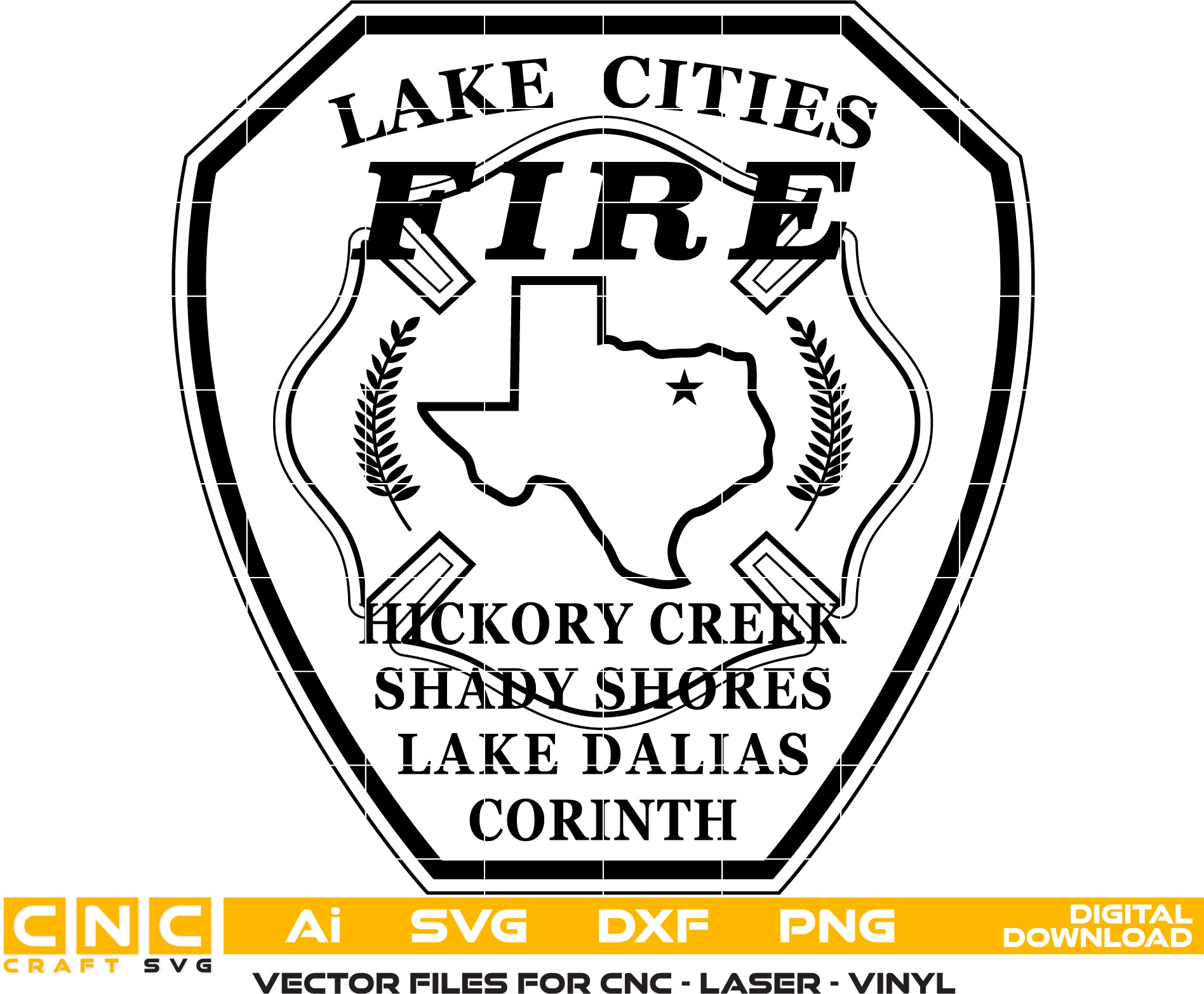 Lake Cities Fire Dept. Badge Vector art Svg/ Dxf/ Jpg/ Png/ and Ai files For laser engraving/ woodworking/ acrylic painting and all printing machines.