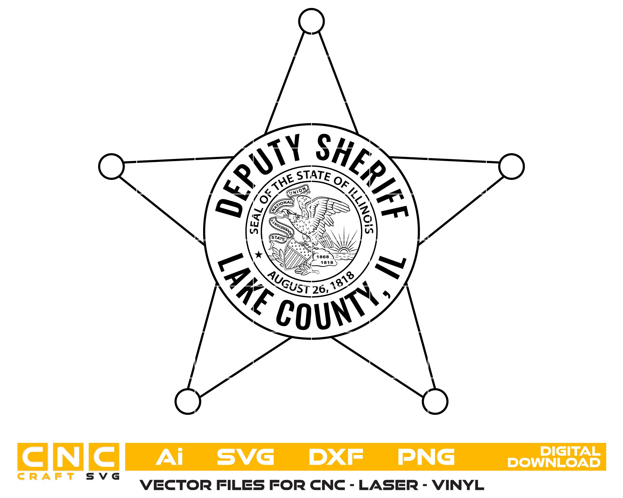 Lake County Sheriff Badge SVG, Illinois Deputy Sheriff Vector, Law Enforcement Badge File, Police Badge Engraving SVG, Sheriff Star SVG