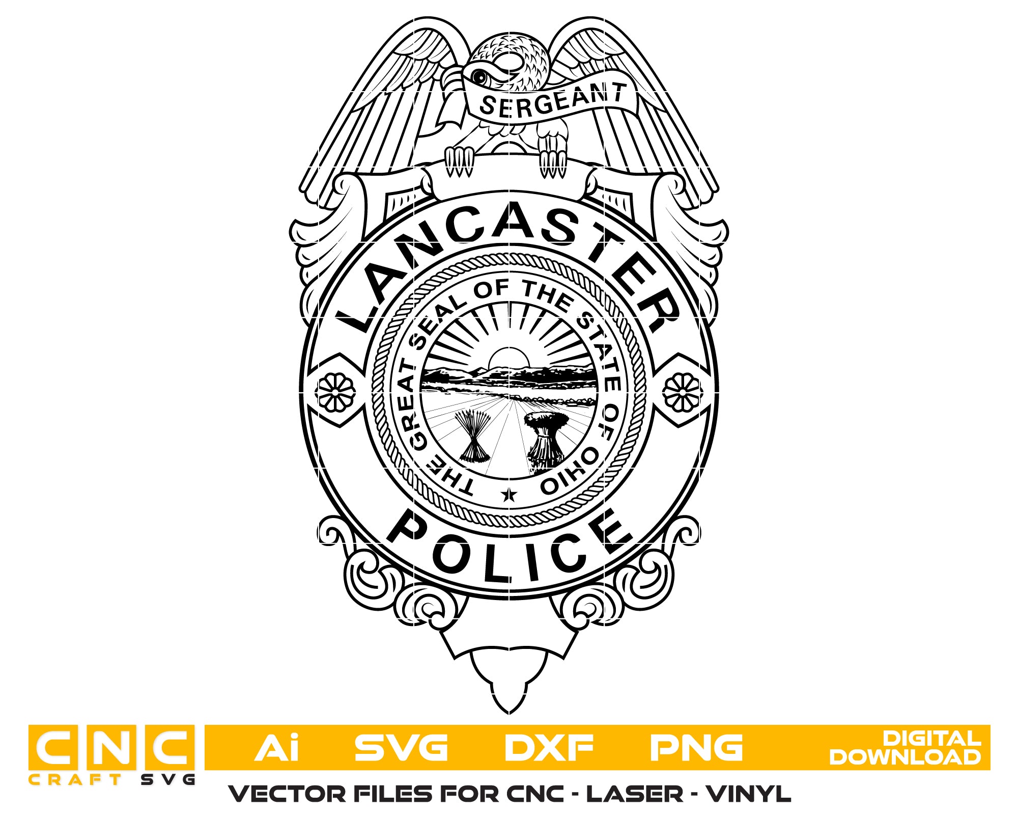 Lancaster Police Sergeant Badge SVG, Lancaster Ohio Police Sergeant Emblem, Ohio Law Enforcement Badge, Lancaster Police Badge Vector, Police Sergeant Logo