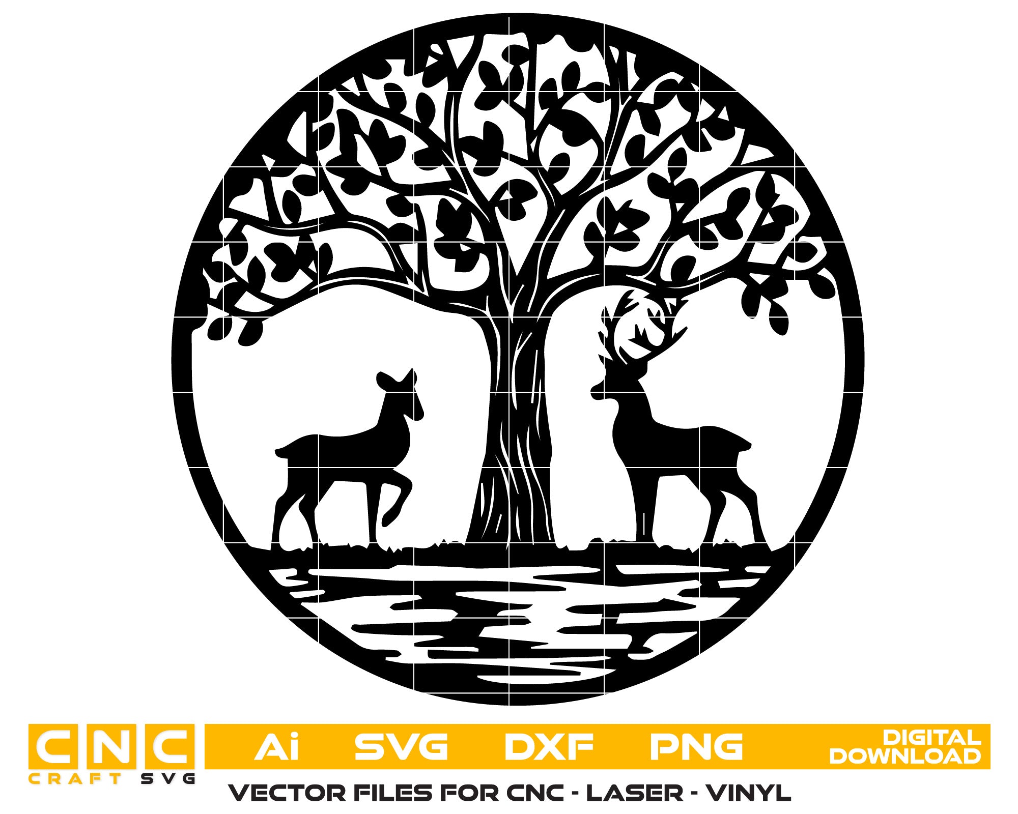 Leafy Tree & Couple Walking Deer Scene Digital File