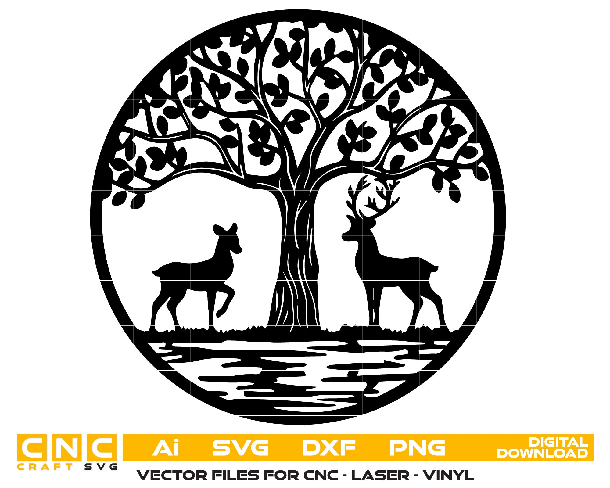 Leafy Tree and Couple Walking Deer Scene – Vector Design