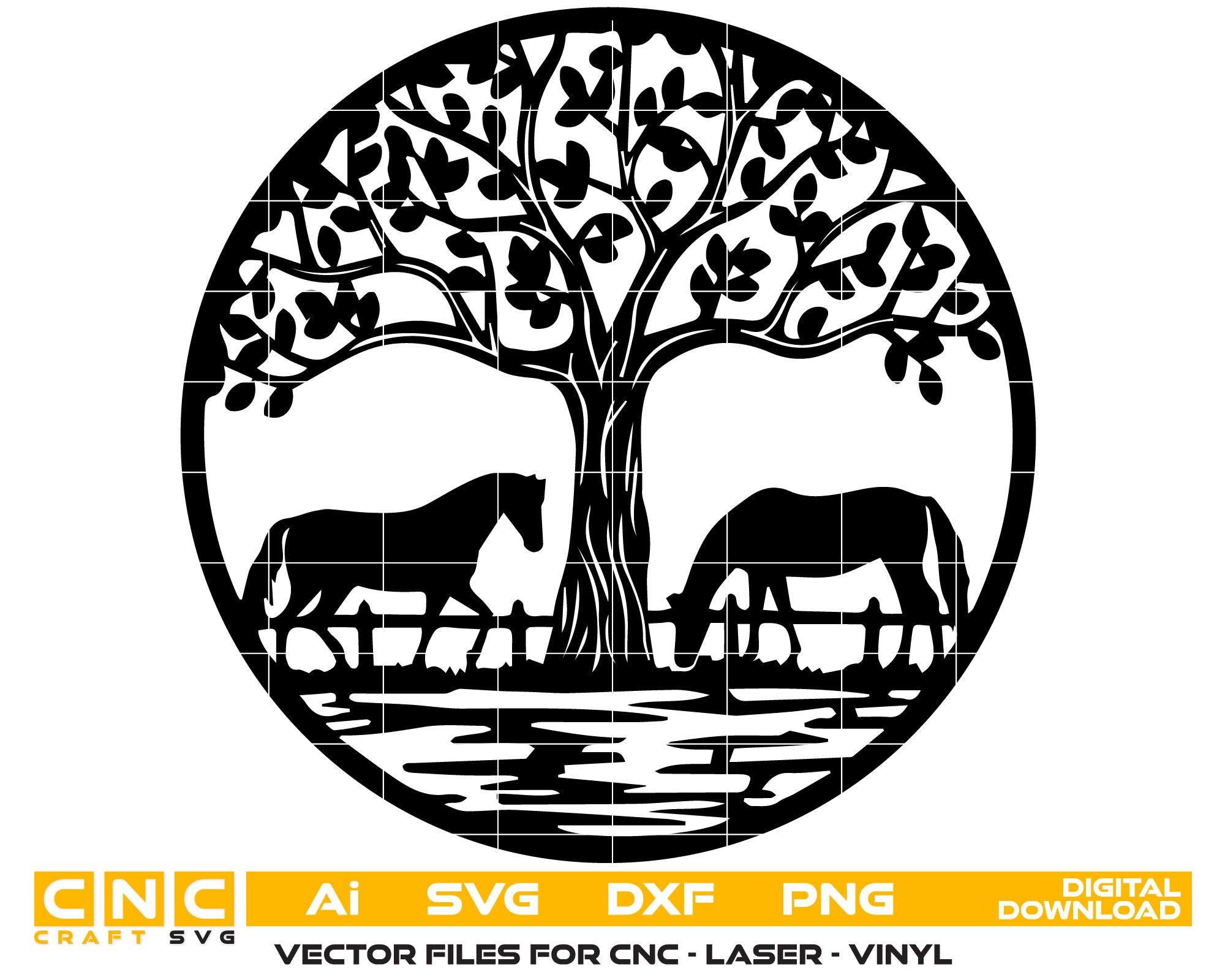 Leafy Tree and Couple Walking Horses Scene Digital File