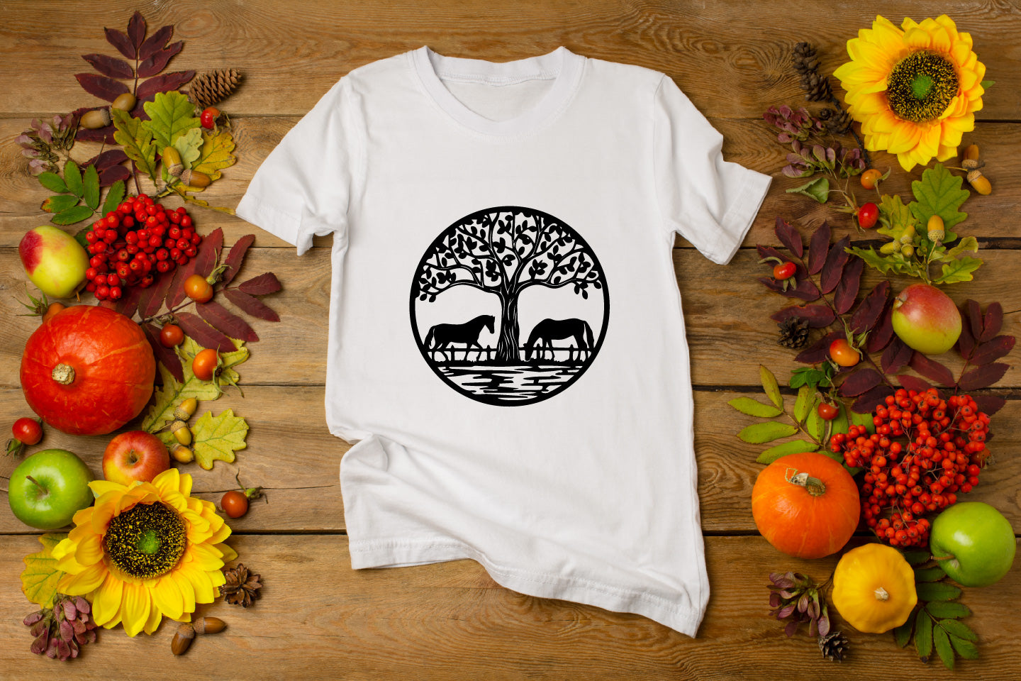 Leafy Tree and Couple Walking Horses Scene Digital File