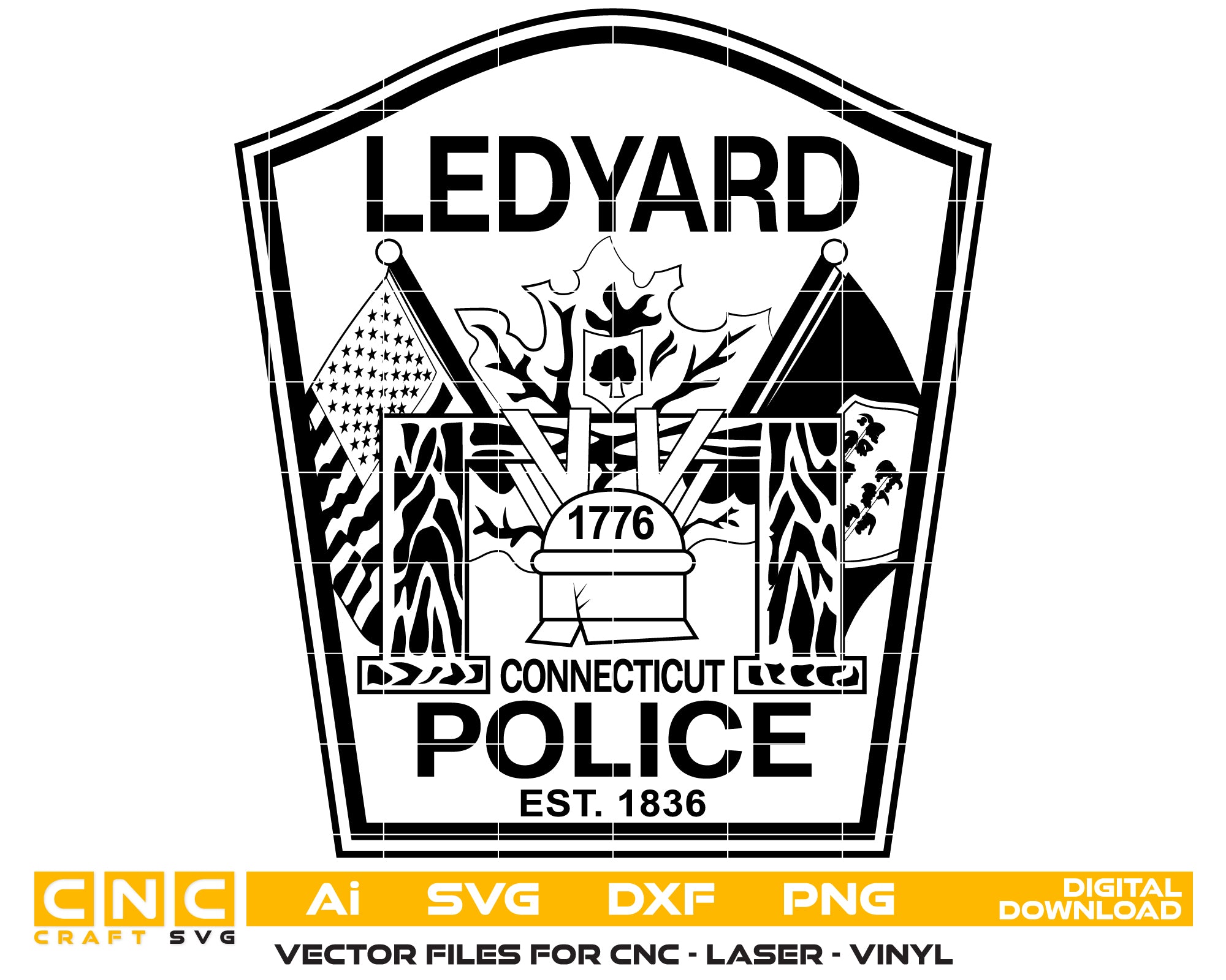 Ledyard Police Department Patch SVG digital download, Connecticut police emblem vector design for Cricut, Silhouette, CNC, engraving, and law enforcement crafts.