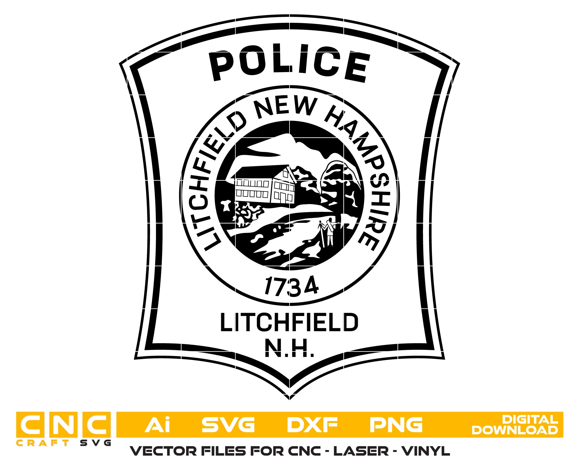 Litchfield New Hampshire Police Patch SVG digital download, police emblem vector design for Cricut, Silhouette, CNC, engraving, and law enforcement crafts.