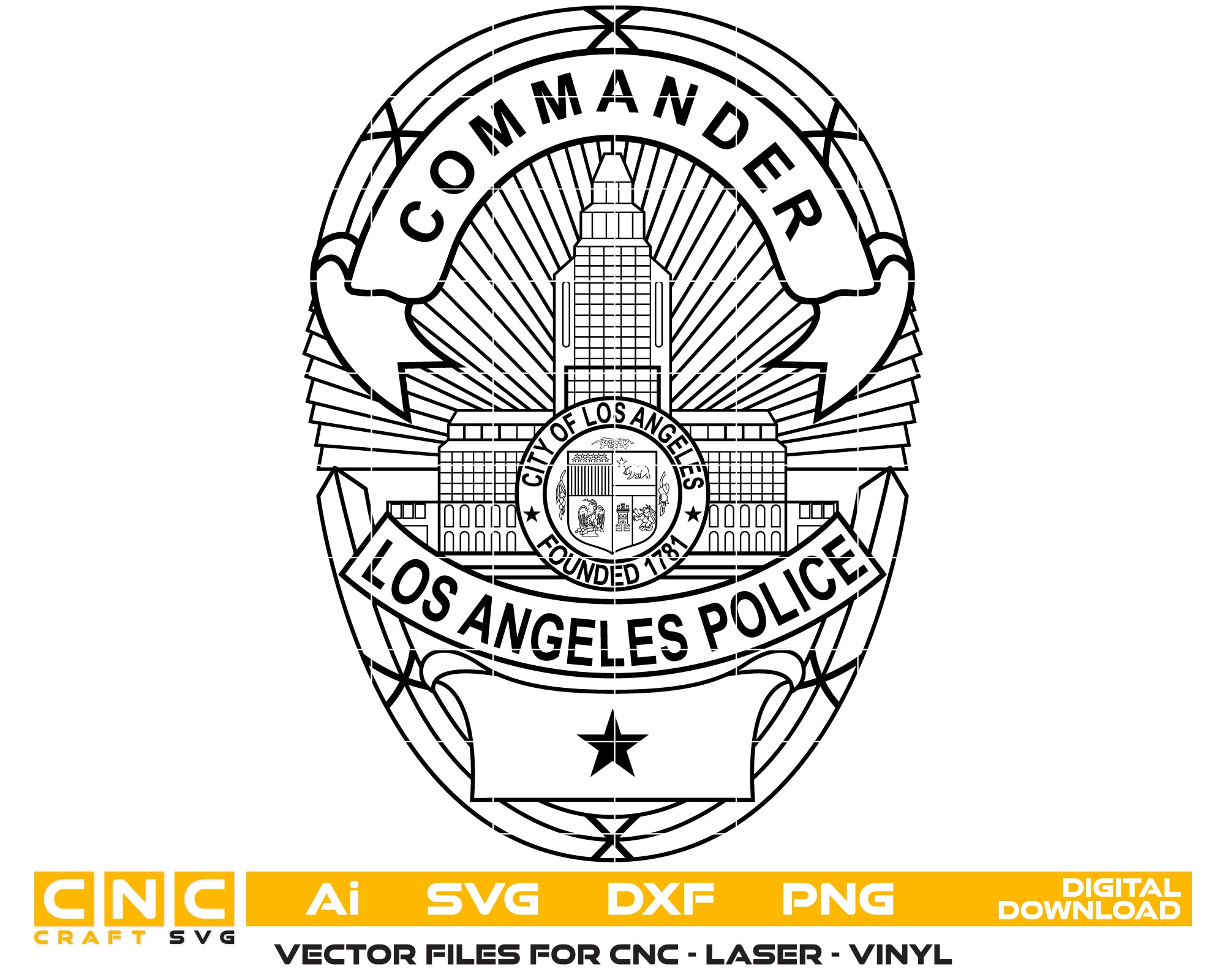 Los Angeles Police Department Commander Badge SVG digital download, police commander emblem vector design for Cricut, Silhouette, CNC, engraving, and law enforcement crafts.