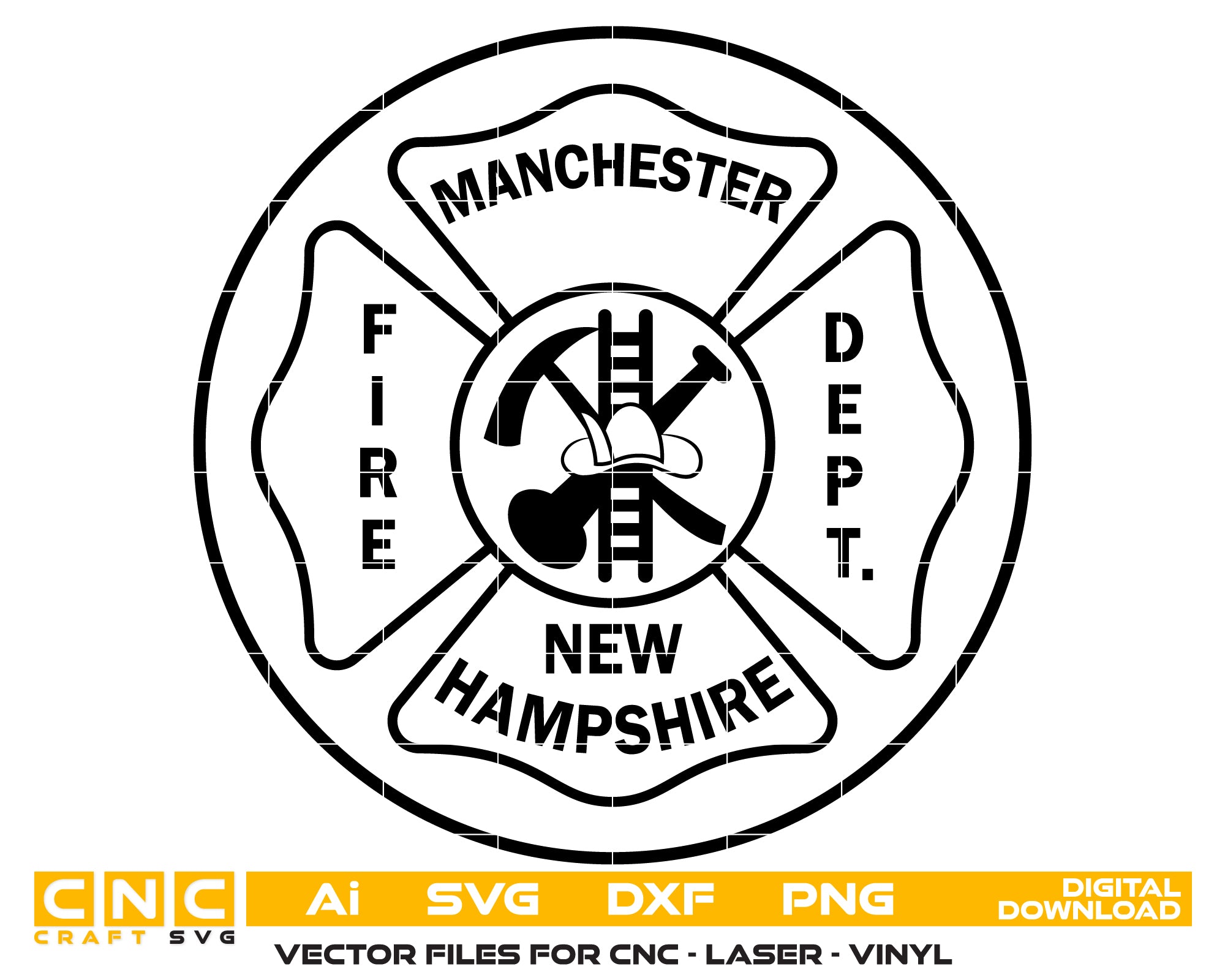 Manchester Fire Department Patch SVG digital download, New Hampshire fire department emblem vector design for Cricut, Silhouette, CNC, engraving, and firefighter crafts.