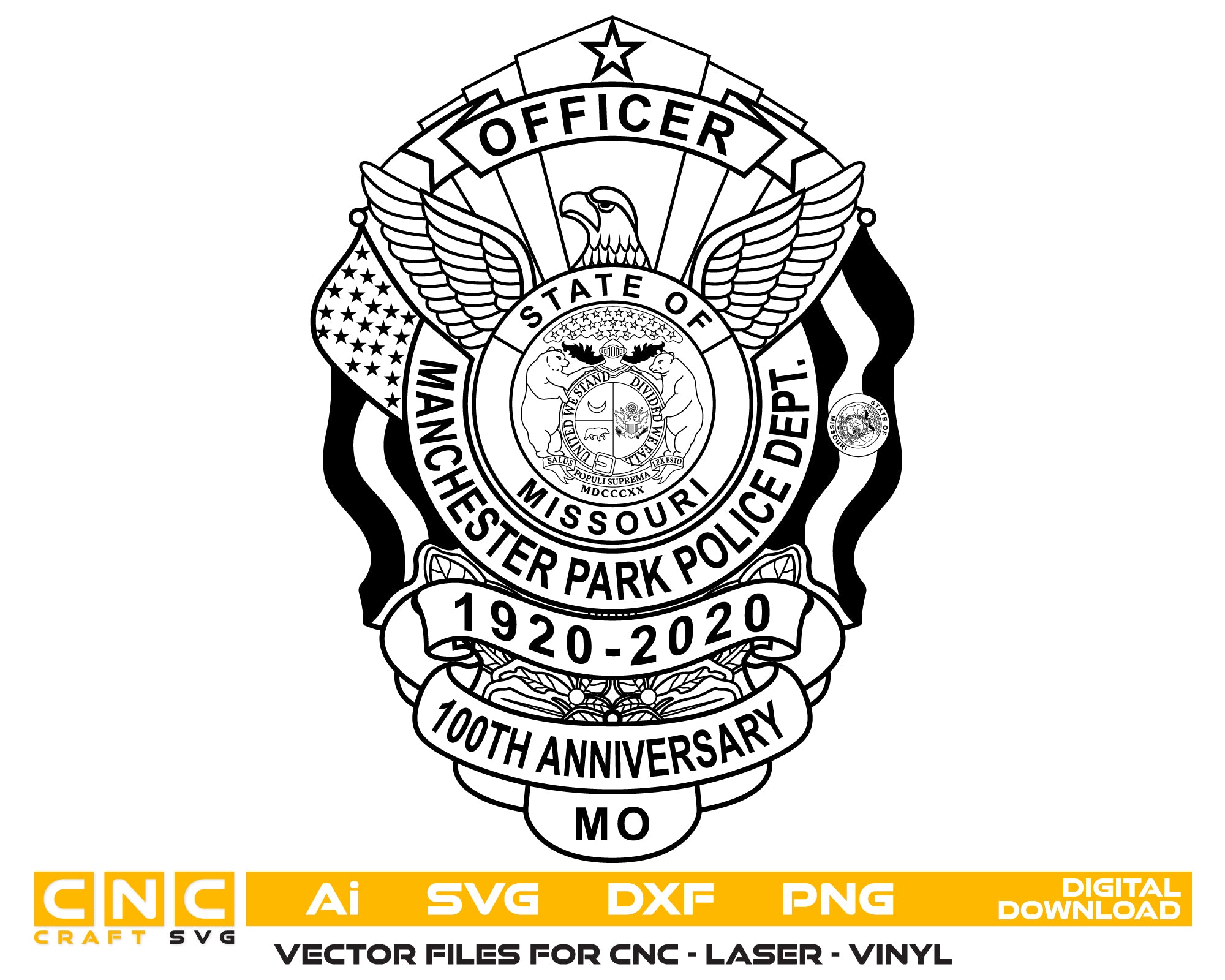Manchester Park Police Department Officer Badge SVG digital download, Missouri 100th anniversary emblem vector design for Cricut, Silhouette, CNC, engraving, and law enforcement crafts.