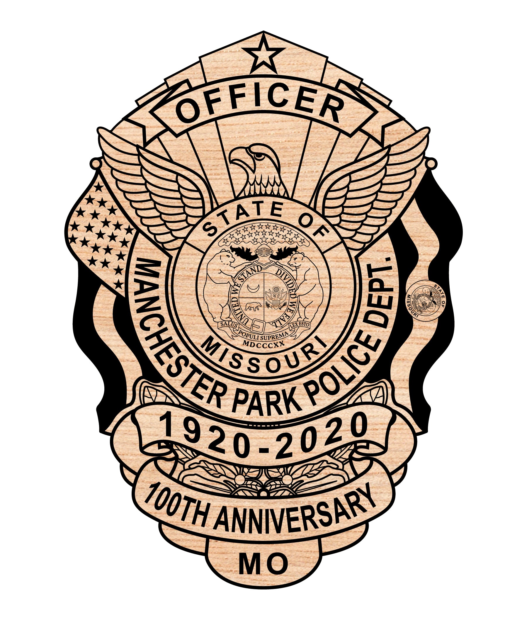 Manchester Park Police Department Officer Badge SVG digital download, Missouri 100th anniversary emblem vector design for Cricut, Silhouette, CNC, engraving, and law enforcement crafts.