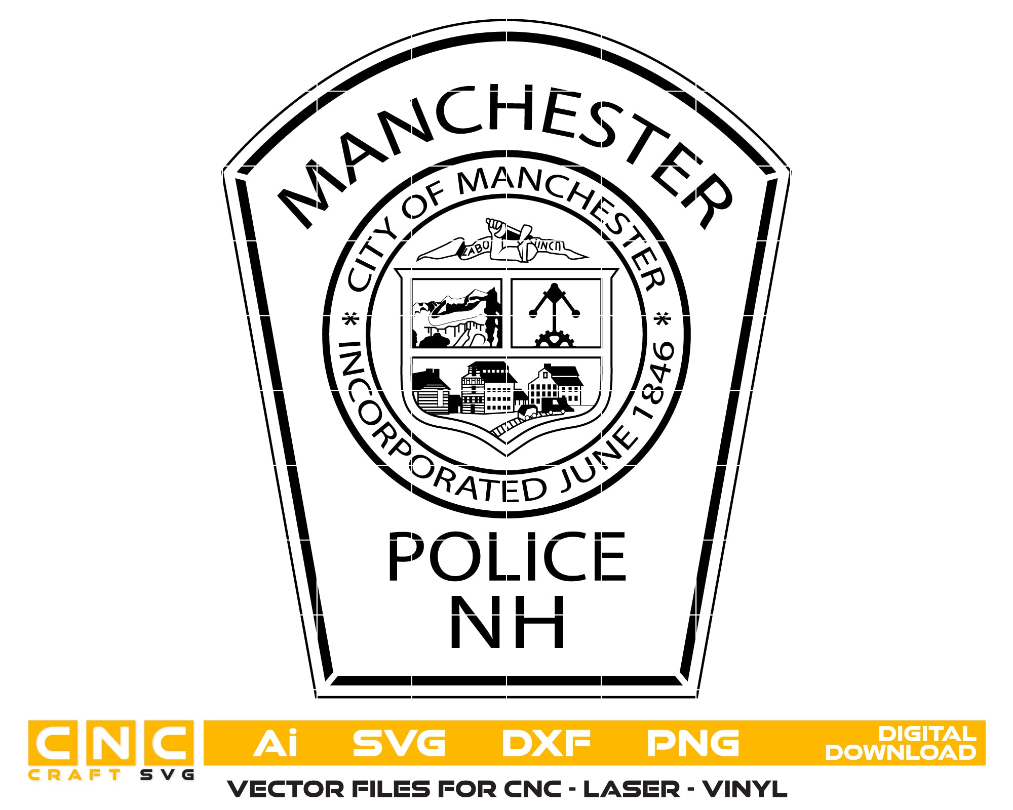 Manchester Police Department Badge SVG Representing New Hampshire Law Enforcement
New Hampshire Police Department Badge Vector For CNC And Laser Engraving
Manchester Police Emblem Design In Scalable Vector Format
Police Badge SVG Inspired By Manchester New Hampshire
Manchester Police Department Emblem For Decals Plaques And Collectibles