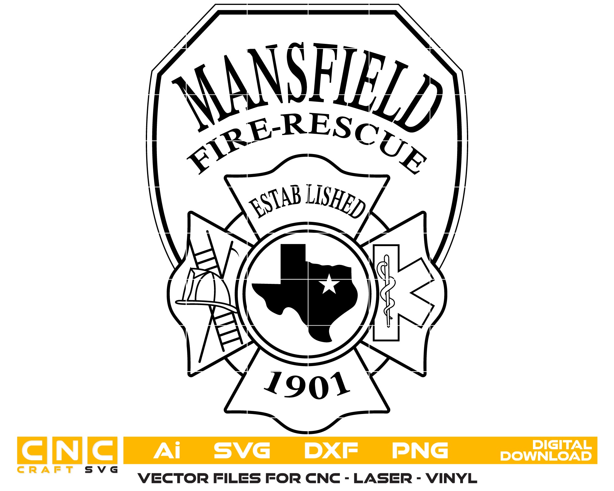 Mansfield Fire Department Patch SVG digital download, Texas fire department emblem vector design for Cricut, Silhouette, CNC, engraving, and firefighter crafts.