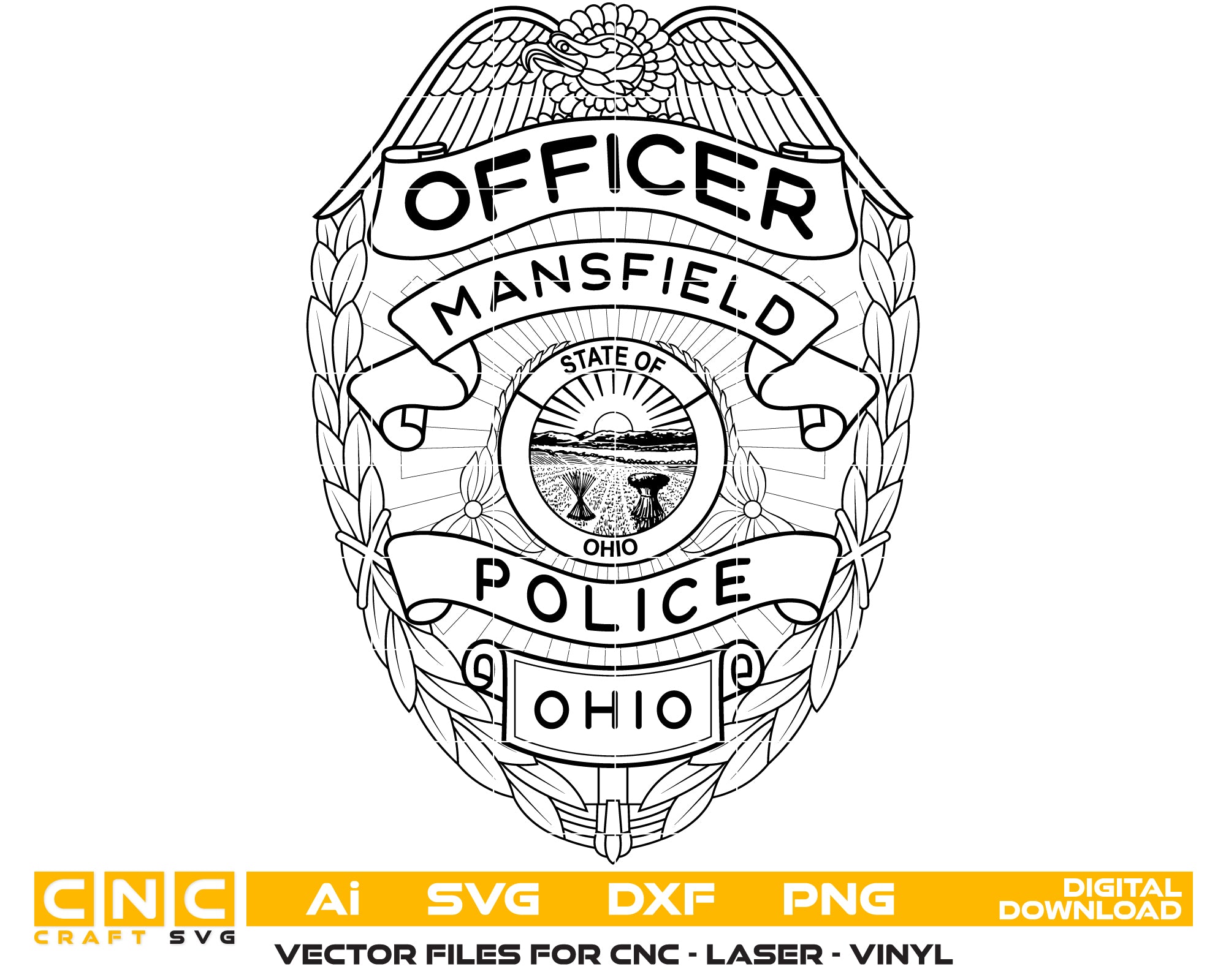 Mansfield Police Officer Badge SVG digital download, Ohio police officer emblem vector design for Cricut, Silhouette, CNC, engraving, and law enforcement crafts.