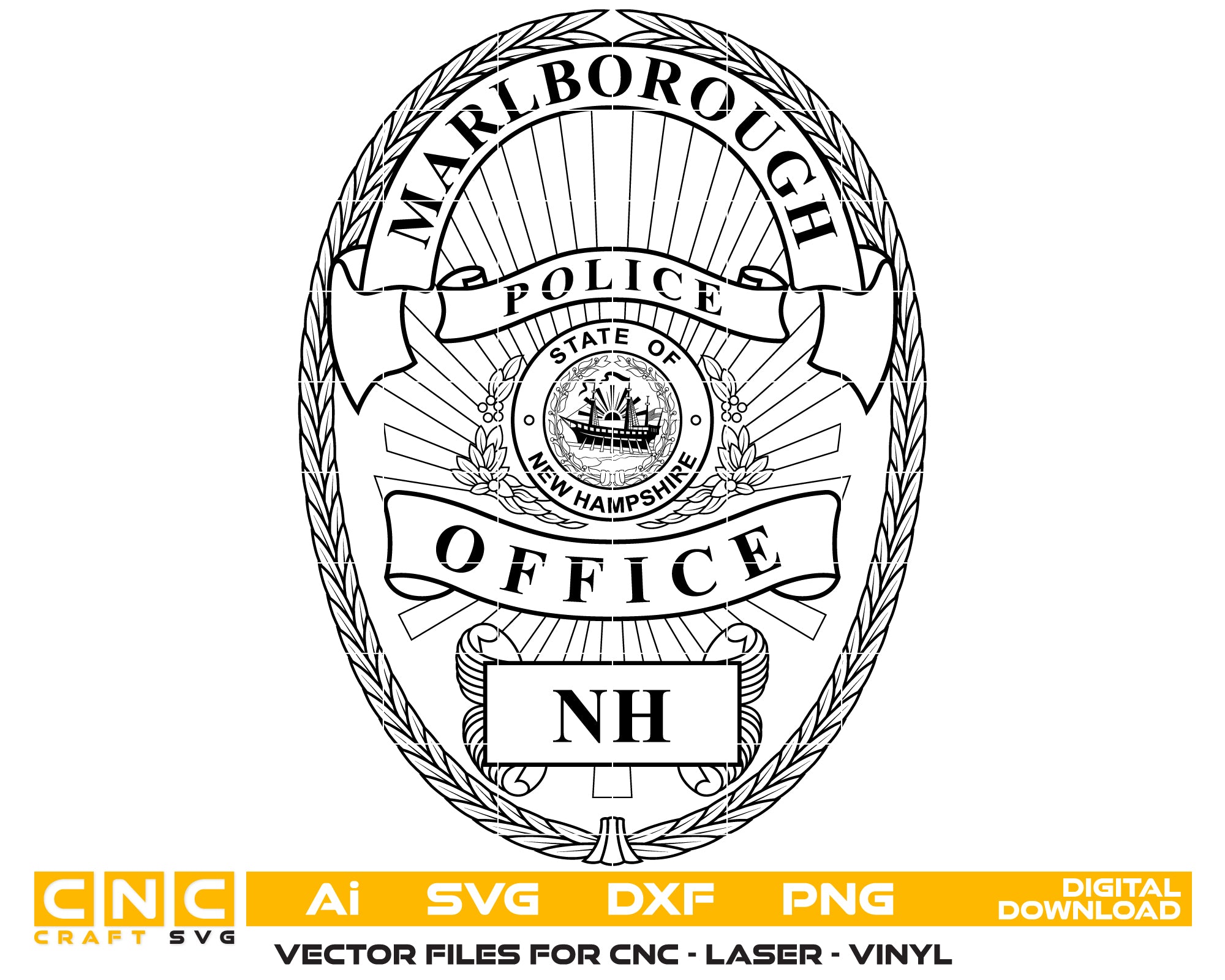 Marlborough Police Department Badge SVG digital download, New Hampshire police emblem vector design for Cricut, Silhouette, CNC, engraving, and law enforcement crafts.