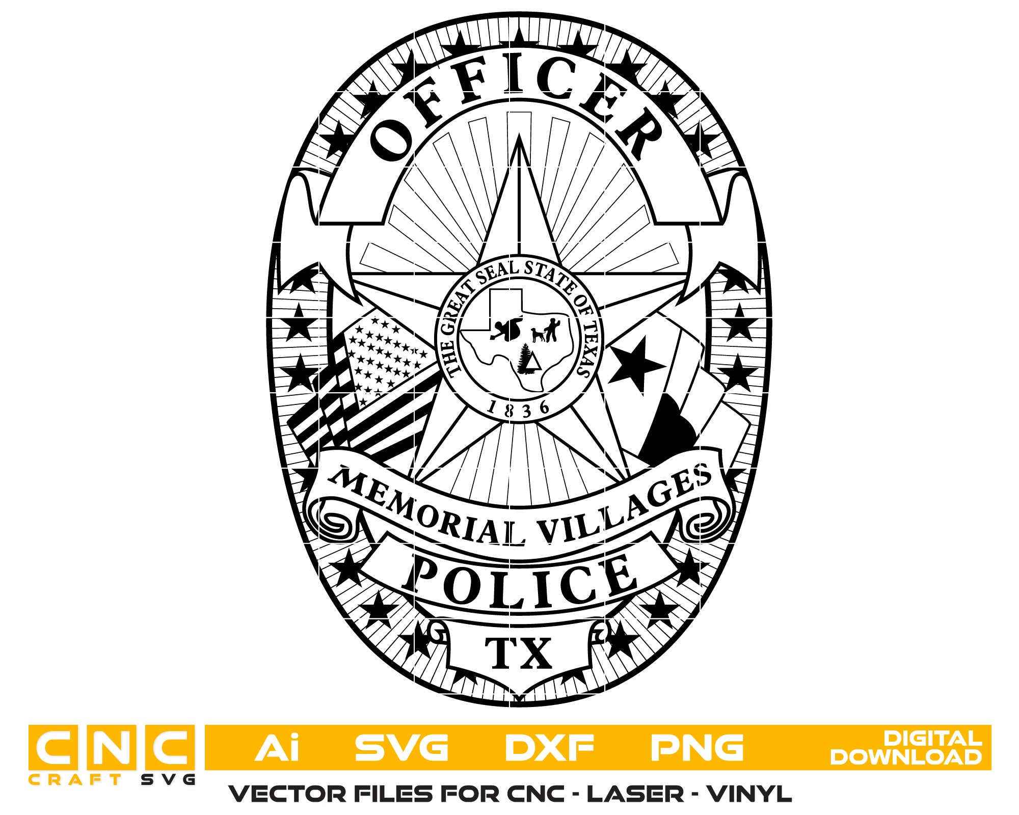Memorial Villages Police Badge SVG, Memorial Villages PD Badge Vector, Texas Police Badge Design, Law Enforcement Badge SVG