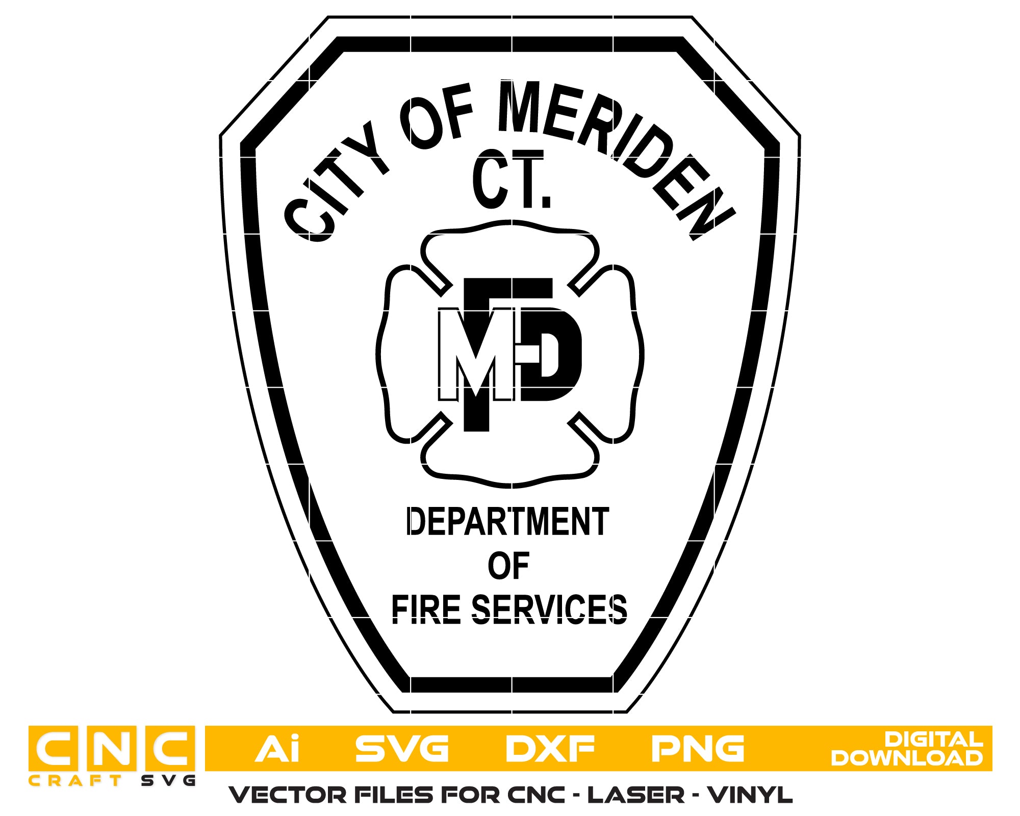 Meriden Fire Department Patch SVG digital download, Connecticut fire department emblem vector design for Cricut, Silhouette, CNC, engraving, and firefighter crafts.